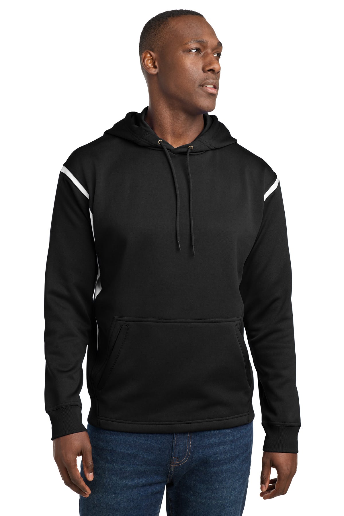 Custom logo Sport-Tek® Tech Fleece Colorblock Hooded Sweatshirt. F246 in Black/ White