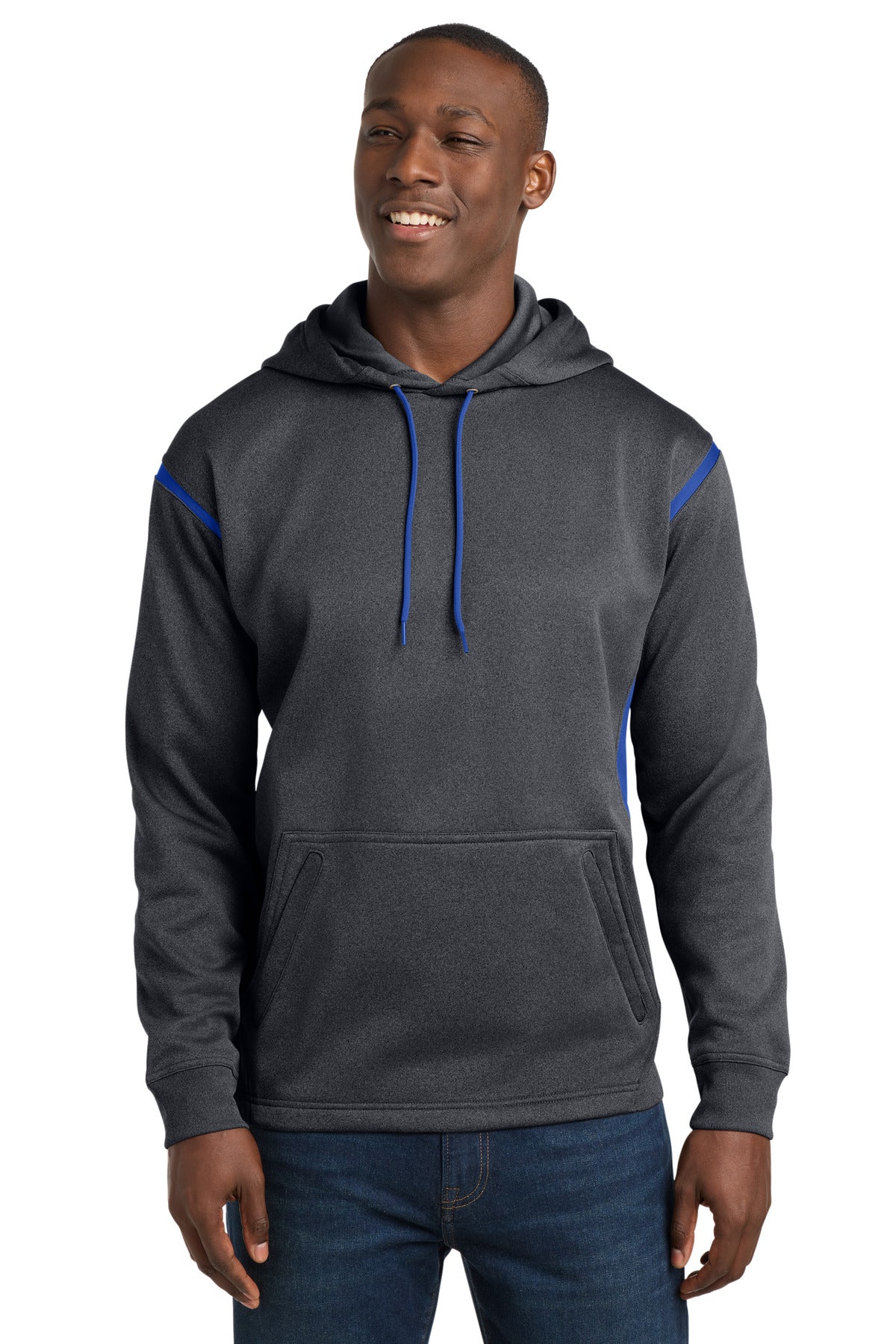 Custom logo Sport-Tek® Tech Fleece Colorblock Hooded Sweatshirt. F246 in Graphite Heather/ True Royal