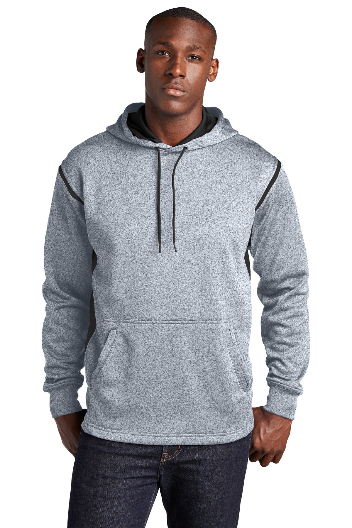 Custom logo Sport-Tek® Tech Fleece Colorblock Hooded Sweatshirt. F246 in Grey Heather/ Black