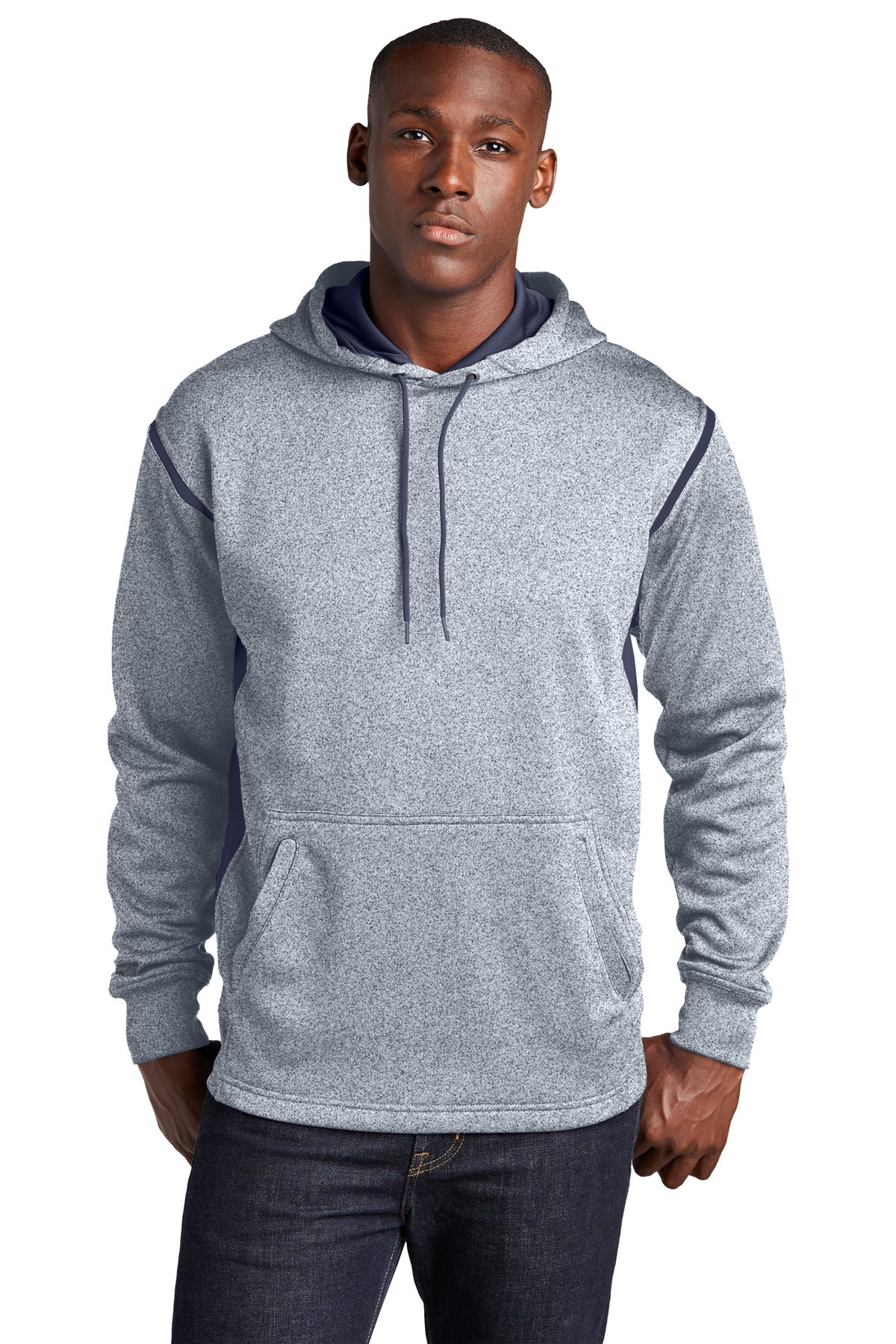 Custom logo Sport-Tek® Tech Fleece Colorblock Hooded Sweatshirt. F246 in Grey Heather/ True Navy