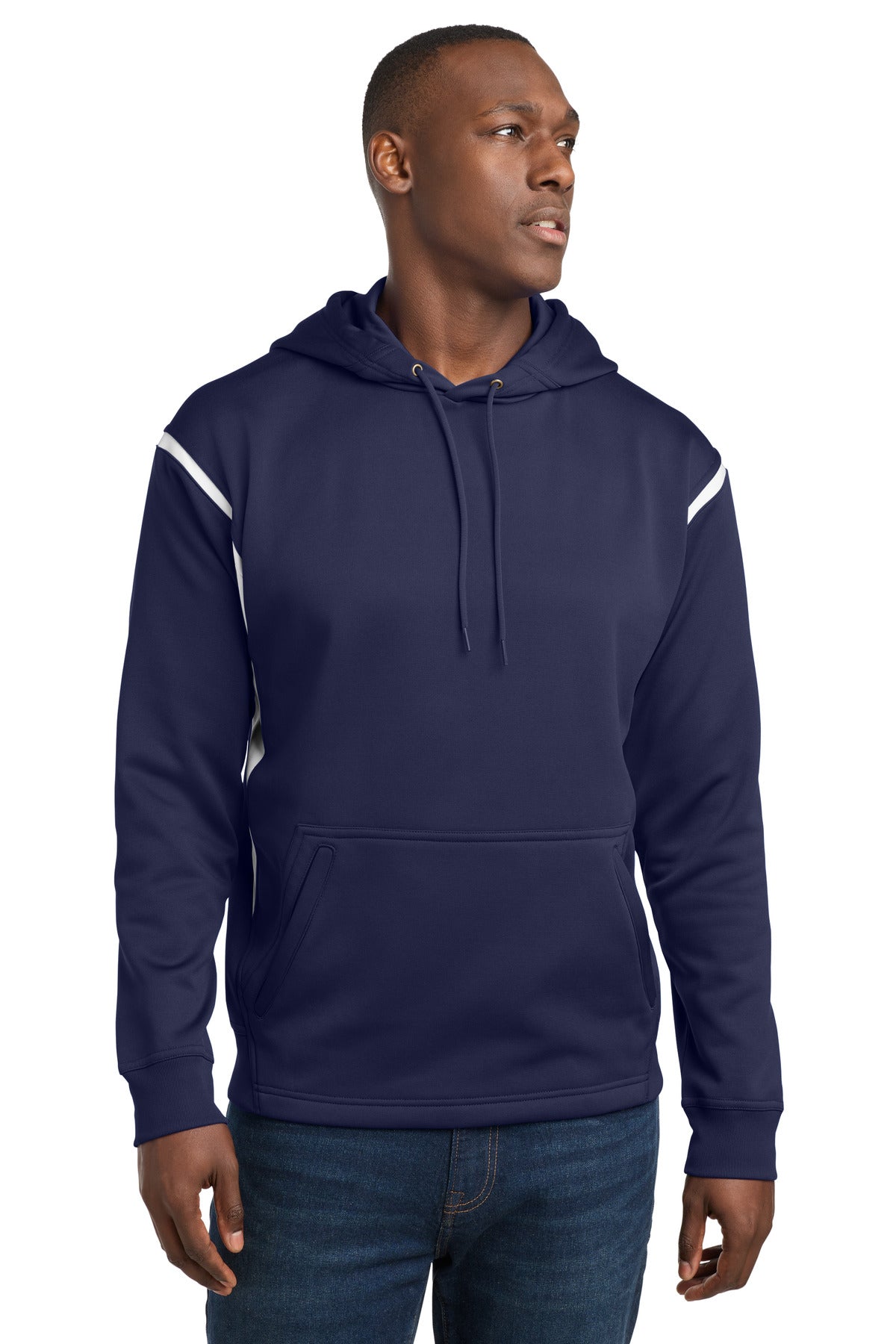 Custom logo Sport-Tek® Tech Fleece Colorblock Hooded Sweatshirt. F246 in True Navy/ White