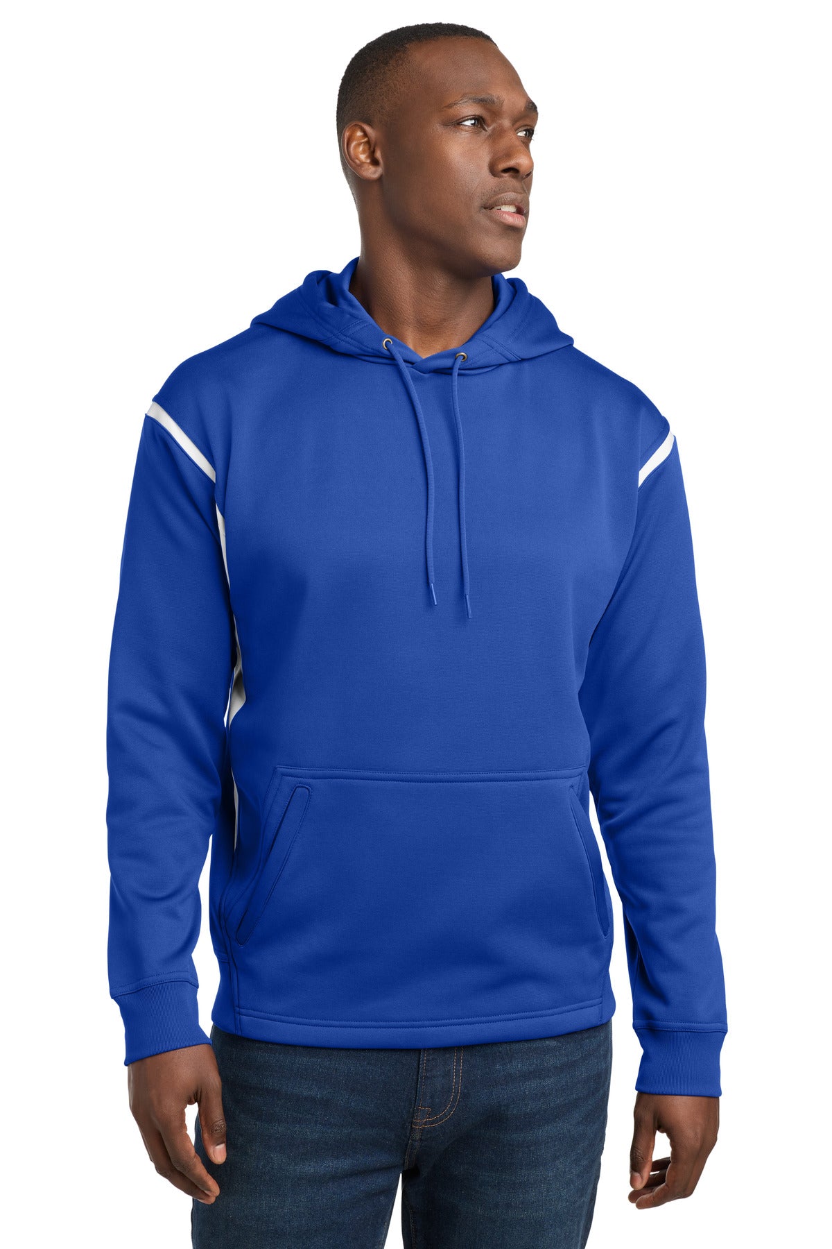 Custom logo Sport-Tek® Tech Fleece Colorblock Hooded Sweatshirt. F246 in True Royal/ White