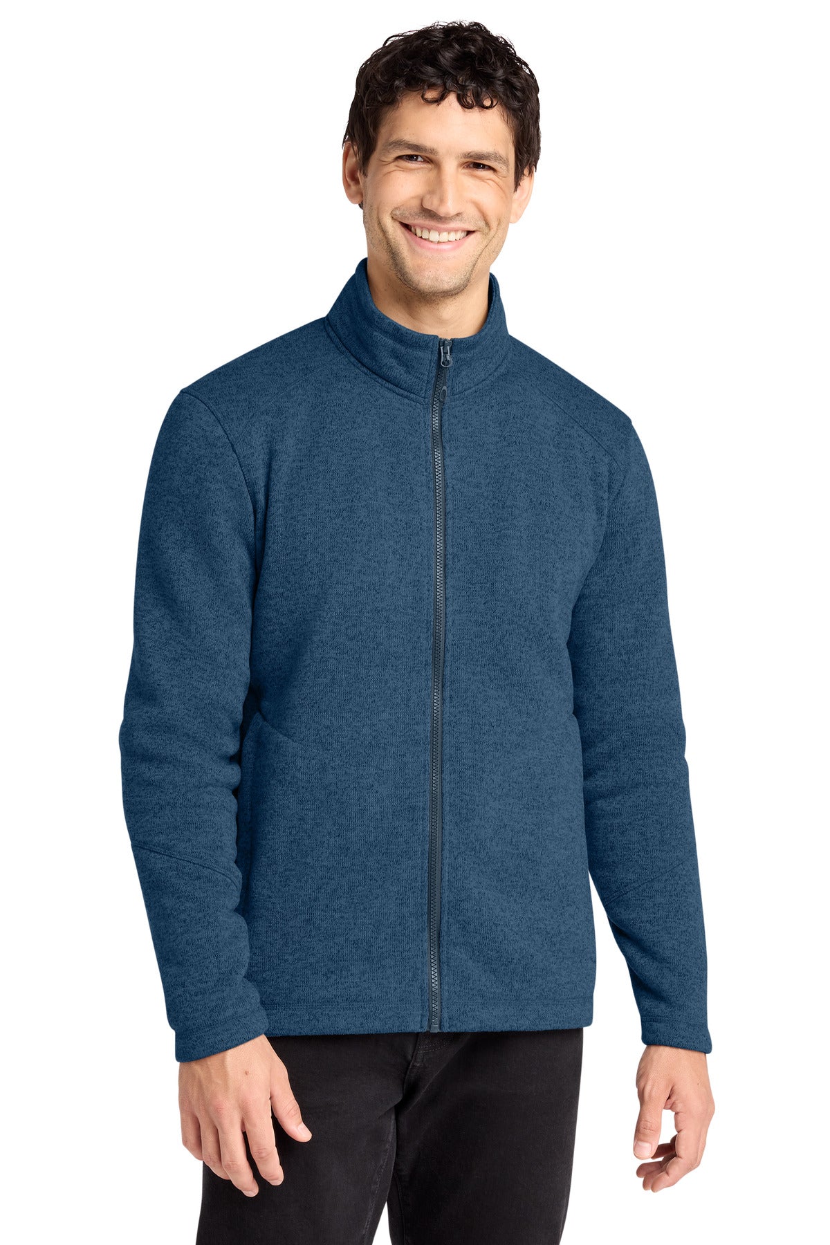 Custom logo Port Authority® Arc Sweater Fleece Jacket F428 in Insignia Blue Heather