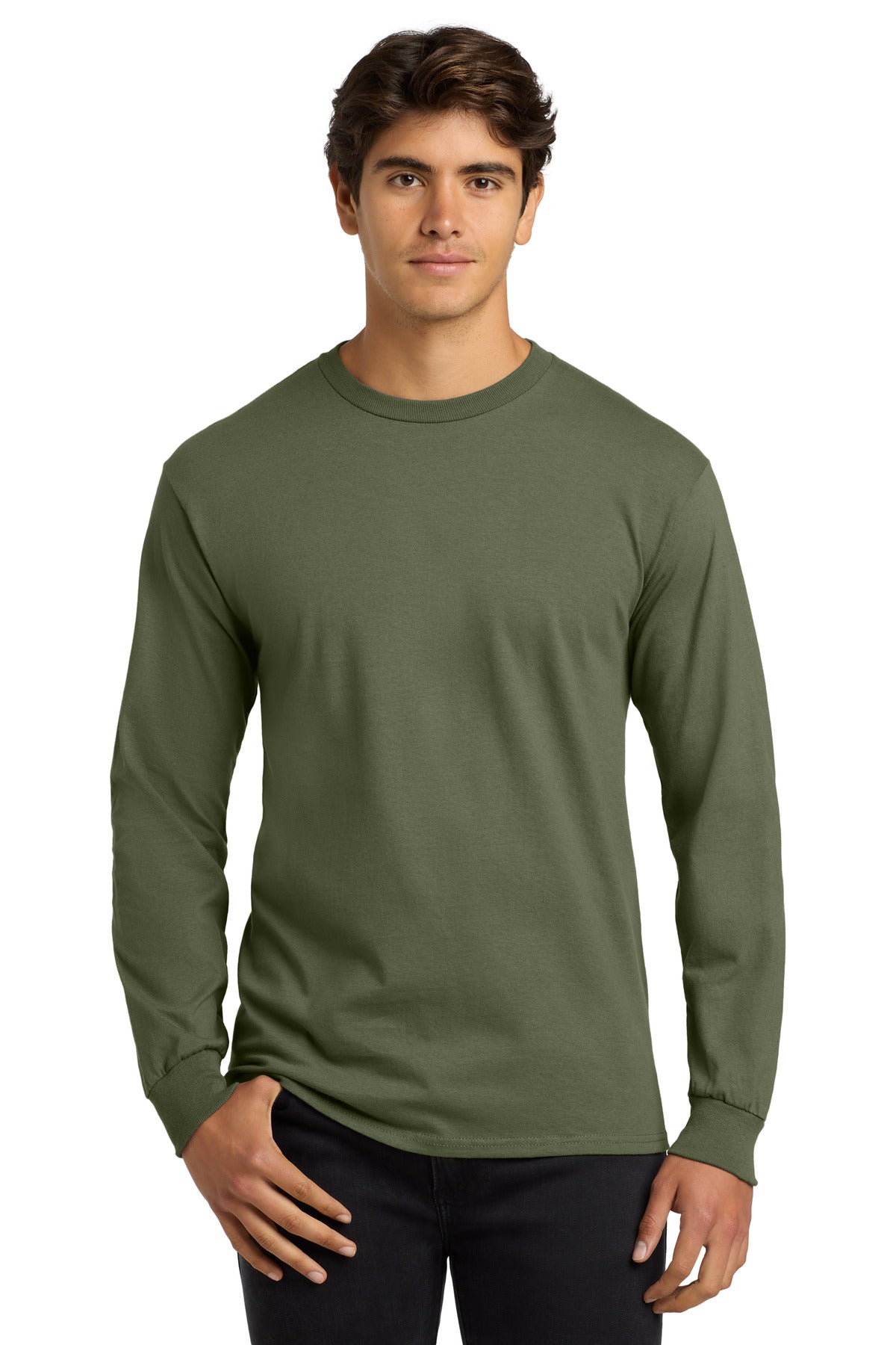 Custom logo Gildan® - Ultra Cotton® 100% US Cotton Long Sleeve T-Shirt.  G2400 in Military Green