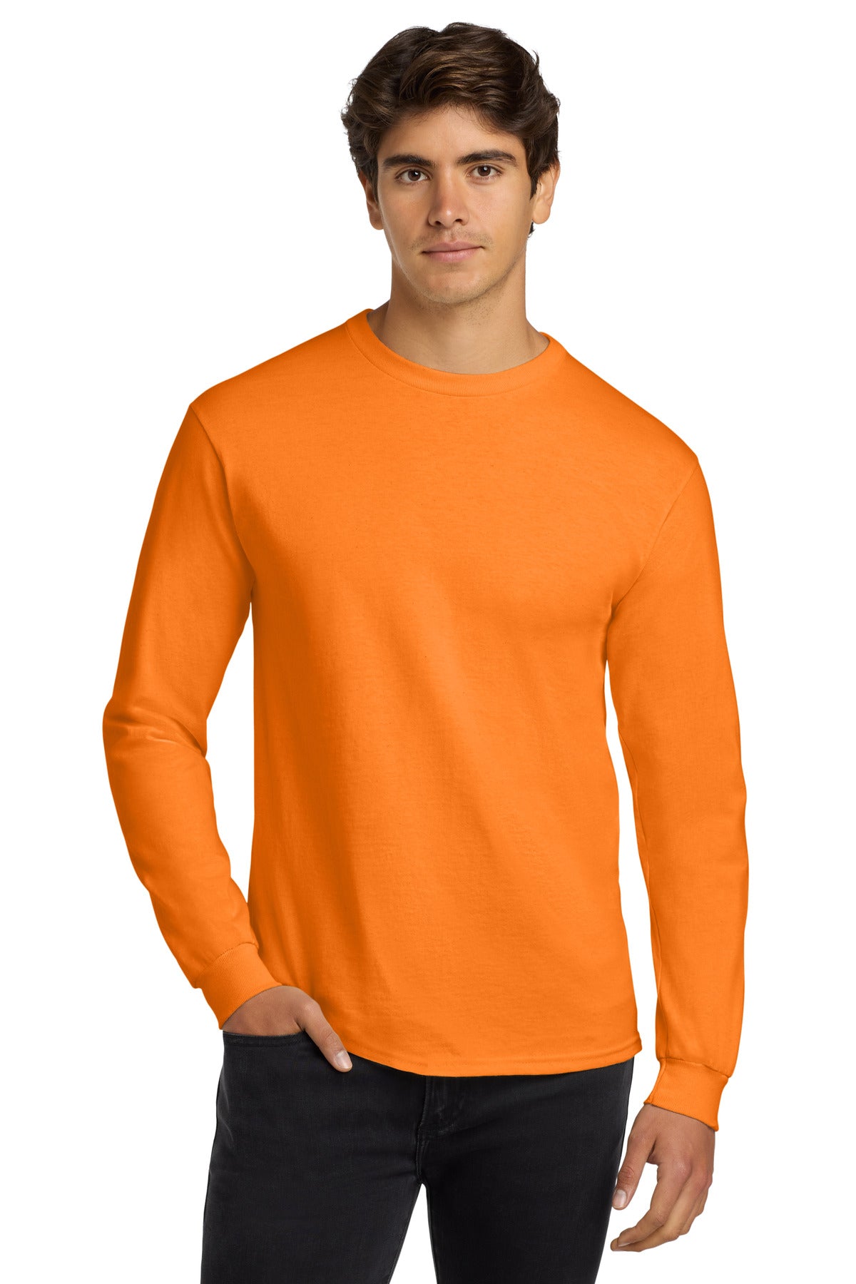 Custom logo Gildan® - Ultra Cotton® 100% US Cotton Long Sleeve T-Shirt.  G2400 in S. Orange