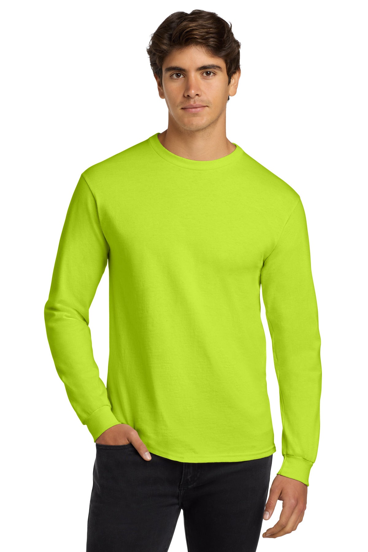 Custom logo Gildan® - Ultra Cotton® 100% US Cotton Long Sleeve T-Shirt.  G2400 in Safety Green