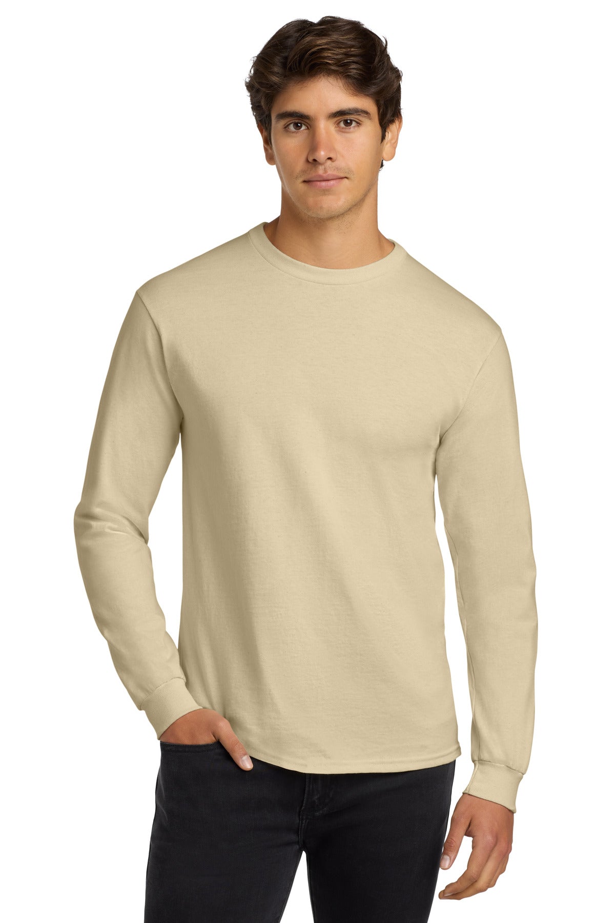 Custom logo Gildan® - Ultra Cotton® 100% US Cotton Long Sleeve T-Shirt.  G2400 in Sand