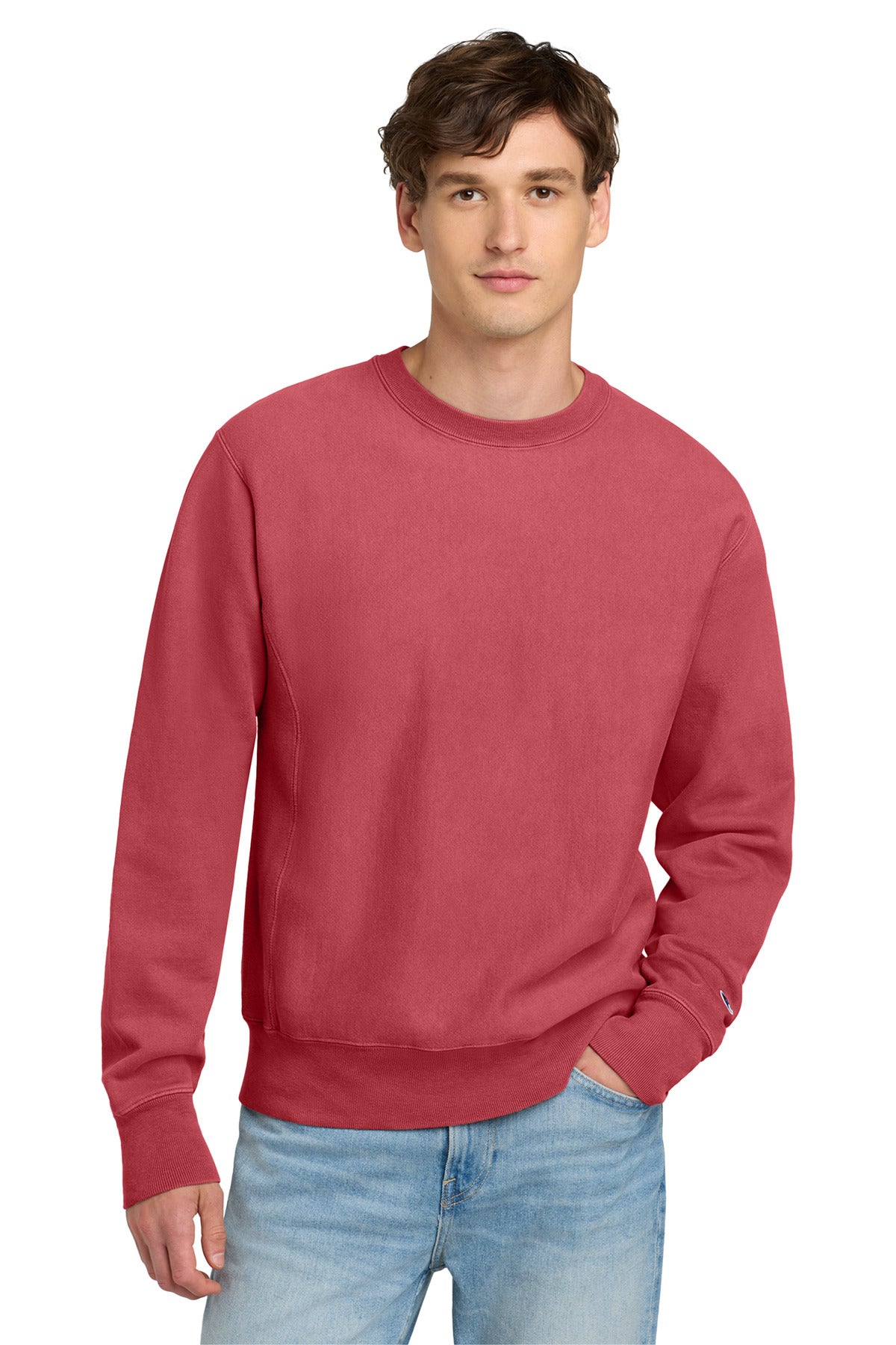 Custom logo Champion ® Reverse Weave ® Garment-Dyed Crewneck Sweatshirt. GDS149 in Crimson