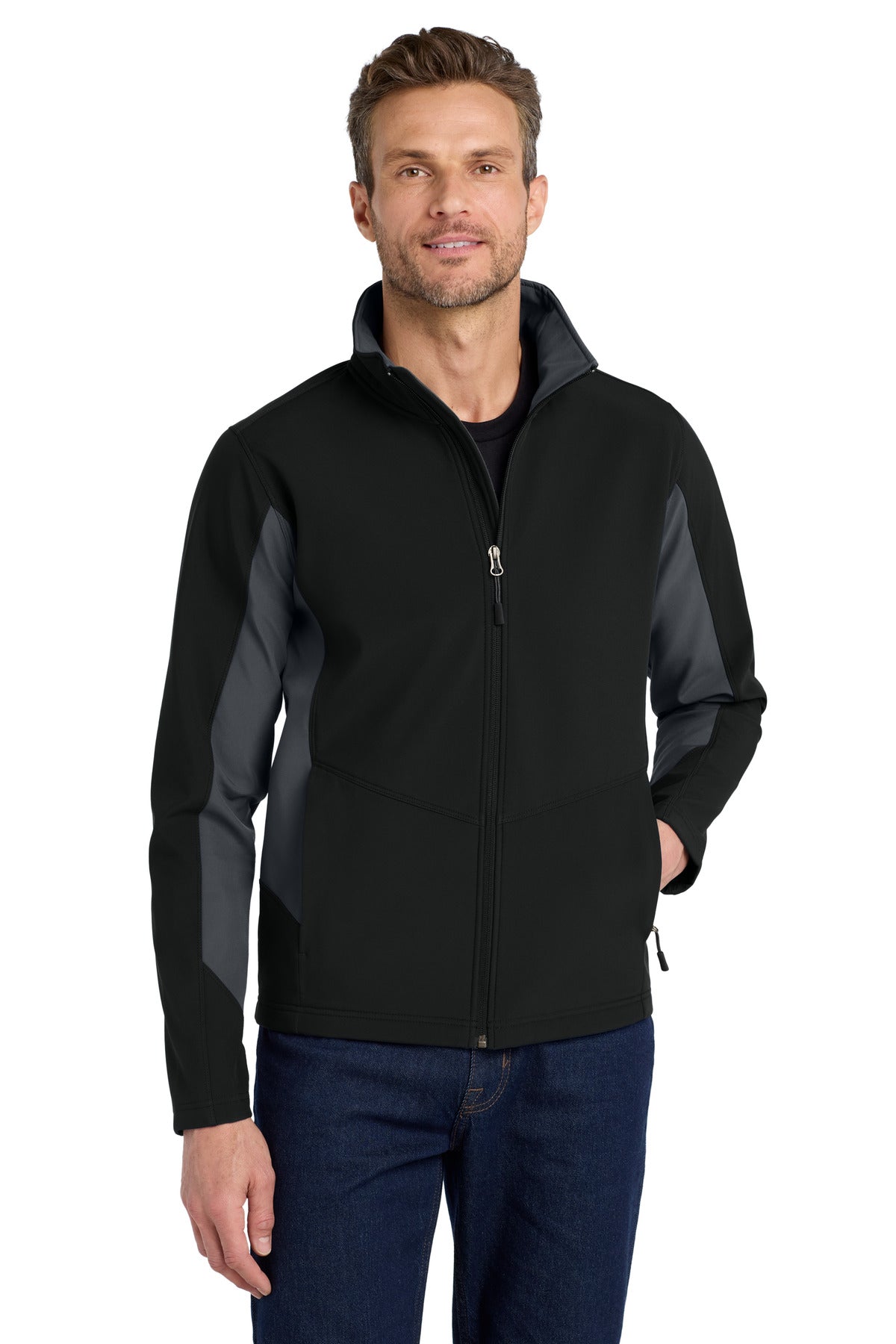 Custom logo Port Authority® Core Colorblock Soft Shell Jacket. J318 in Black/ Battleship Grey