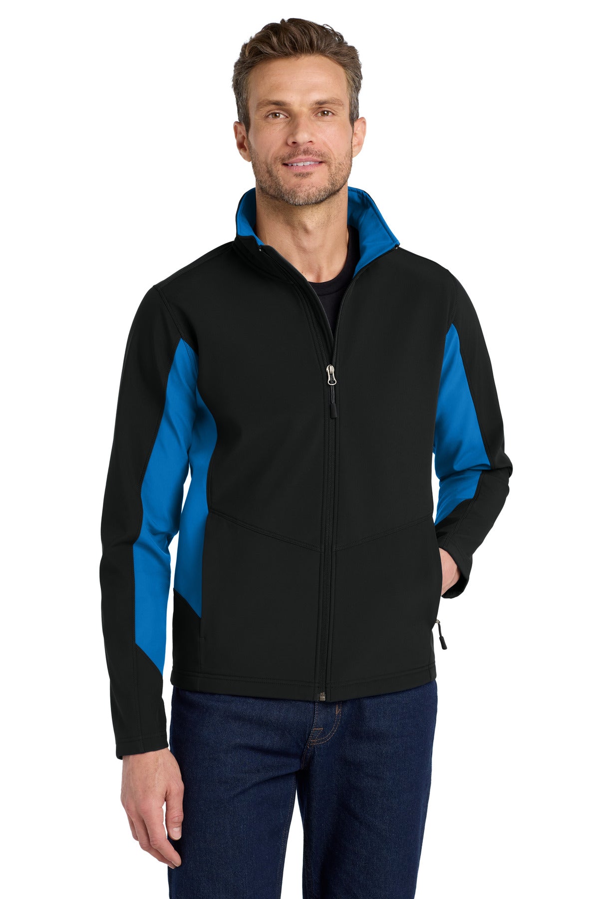 Custom logo Port Authority® Core Colorblock Soft Shell Jacket. J318 in Black/ Imperial Blue