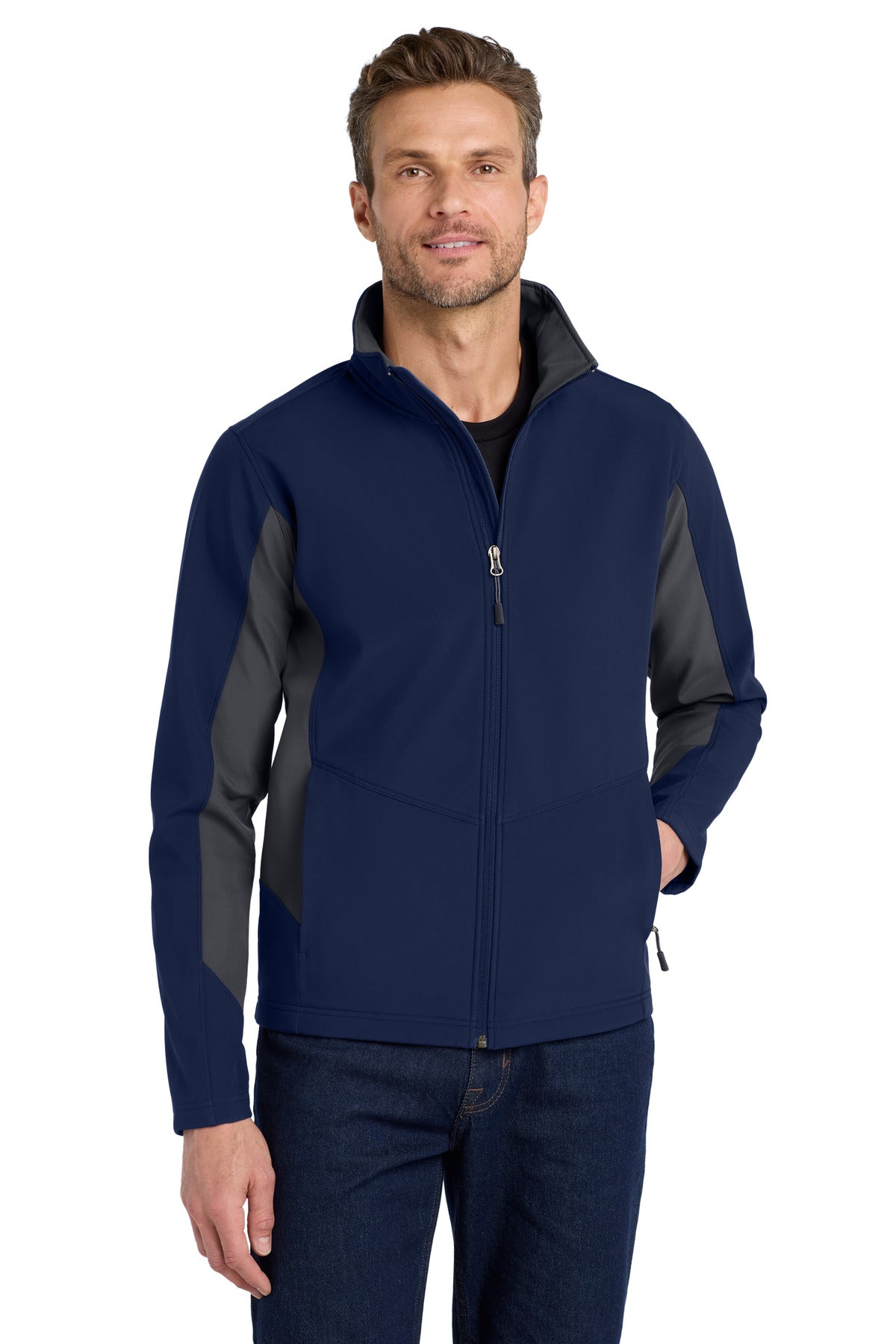 Custom logo Port Authority® Core Colorblock Soft Shell Jacket. J318 in Dress Blue Navy/ Battleship Grey