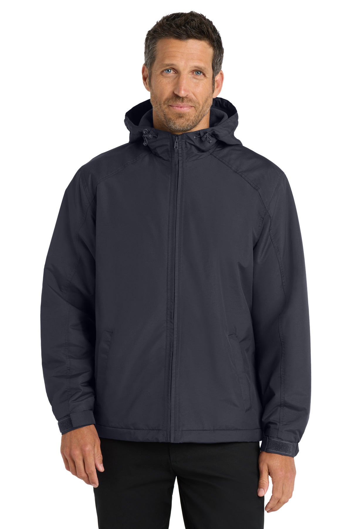 Custom logo Port Authority® Hooded Charger Jacket. J327 in Battleship Grey
