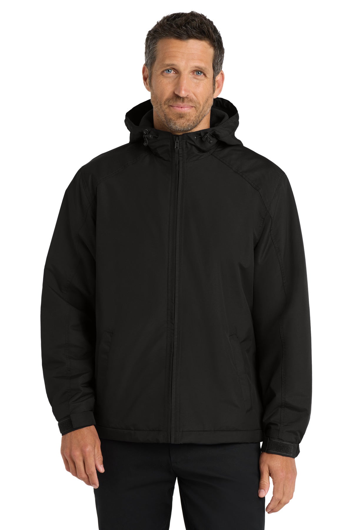 Custom logo Port Authority® Hooded Charger Jacket. J327 in True Black