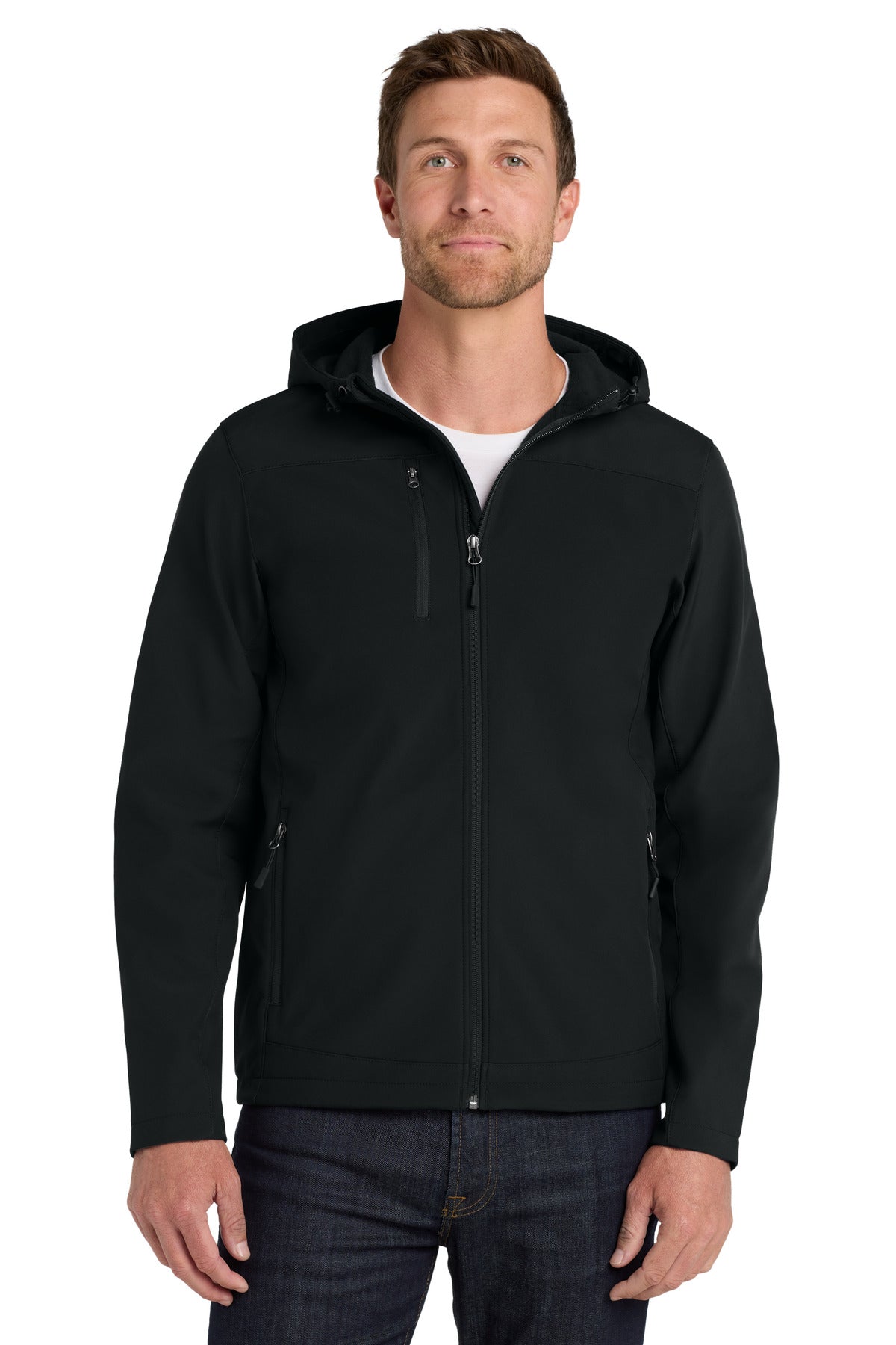 Custom logo Port Authority® Hooded Core Soft Shell Jacket. J335 in Black