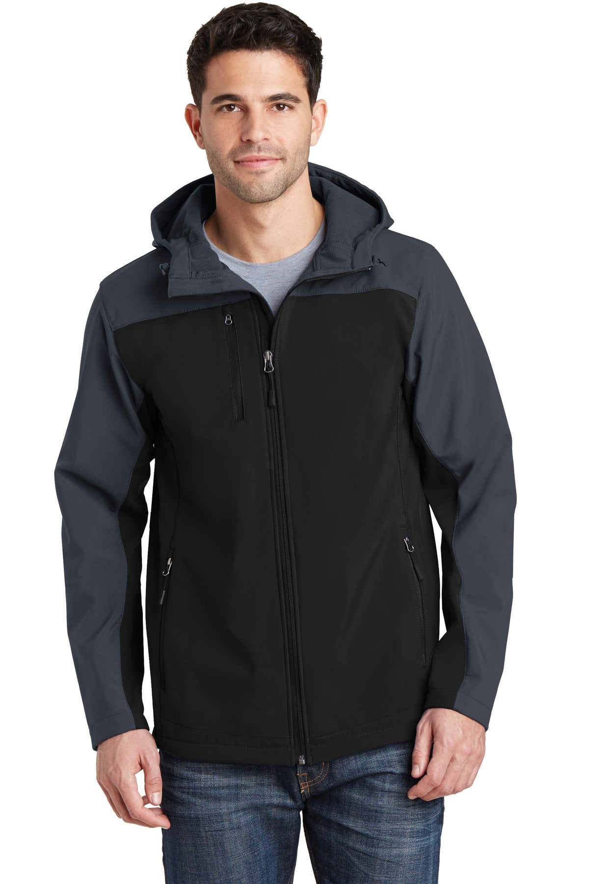 Custom logo Port Authority® Hooded Core Soft Shell Jacket. J335 in Black/ Battleship Grey