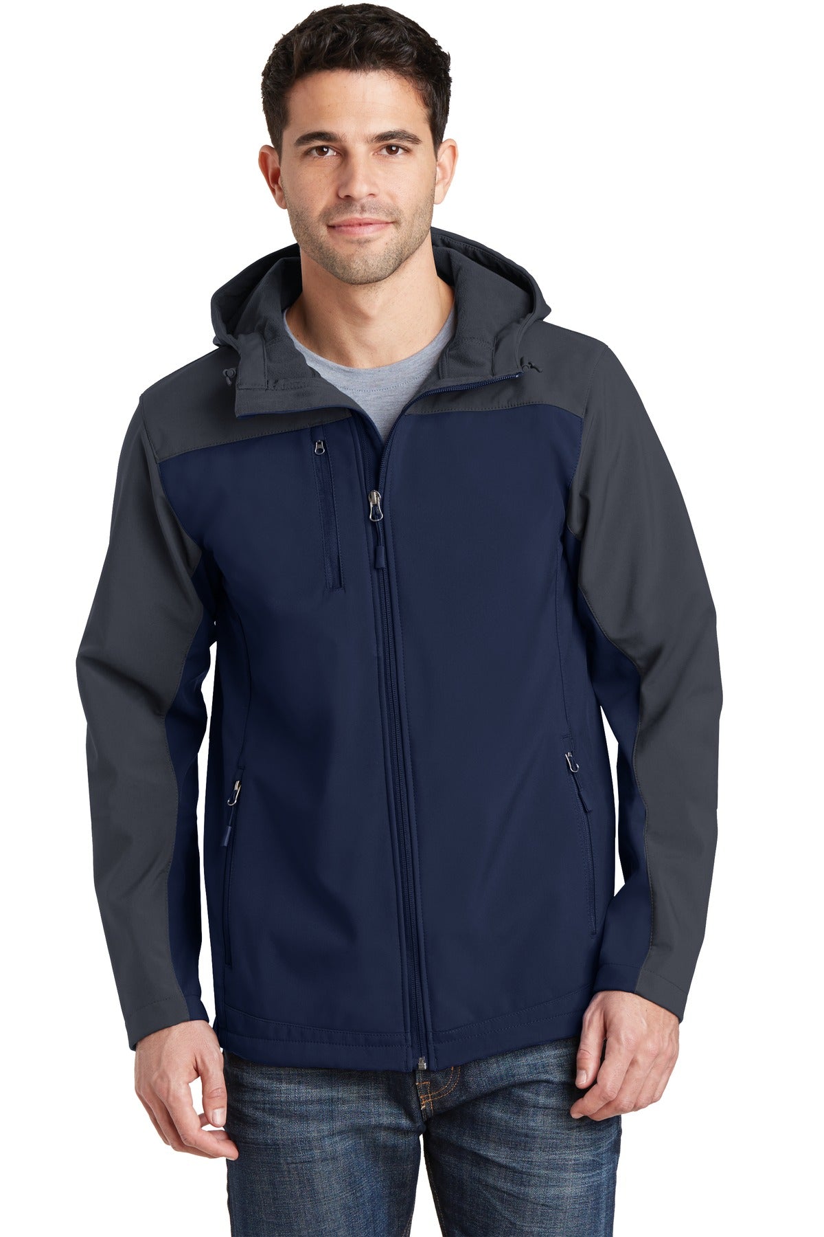 Custom logo Port Authority® Hooded Core Soft Shell Jacket. J335 in Dress Blue Navy/ Battleship Grey