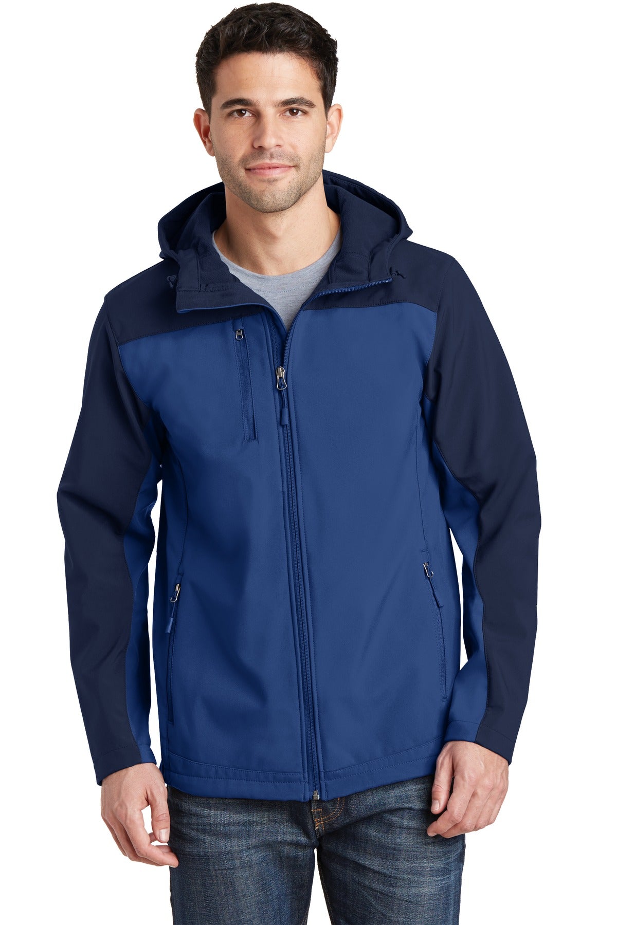 Custom logo Port Authority® Hooded Core Soft Shell Jacket. J335 in Night Sky Blue/ Dress Blue Navy