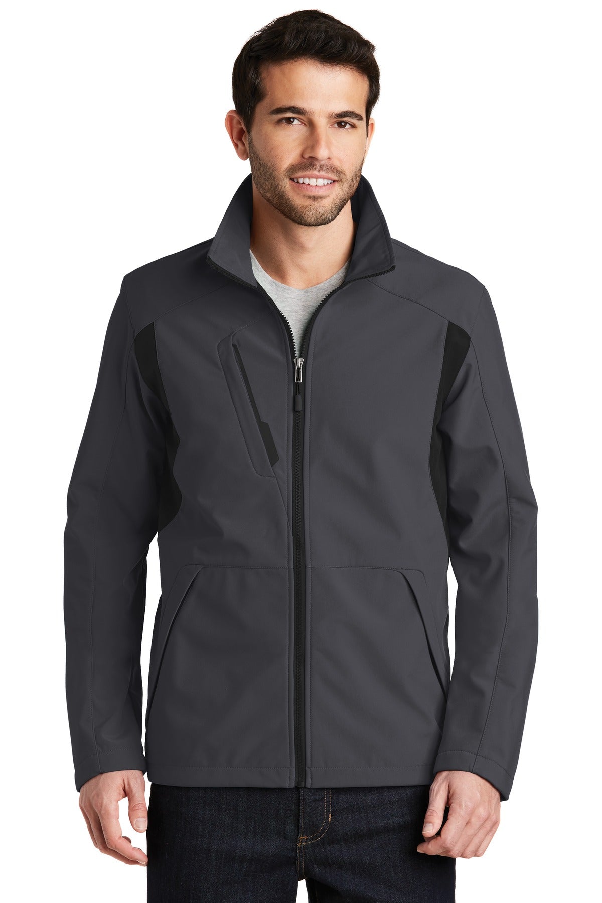 Custom logo Port Authority® Back-Block Soft Shell Jacket. J336 in Battleship Grey/ Black