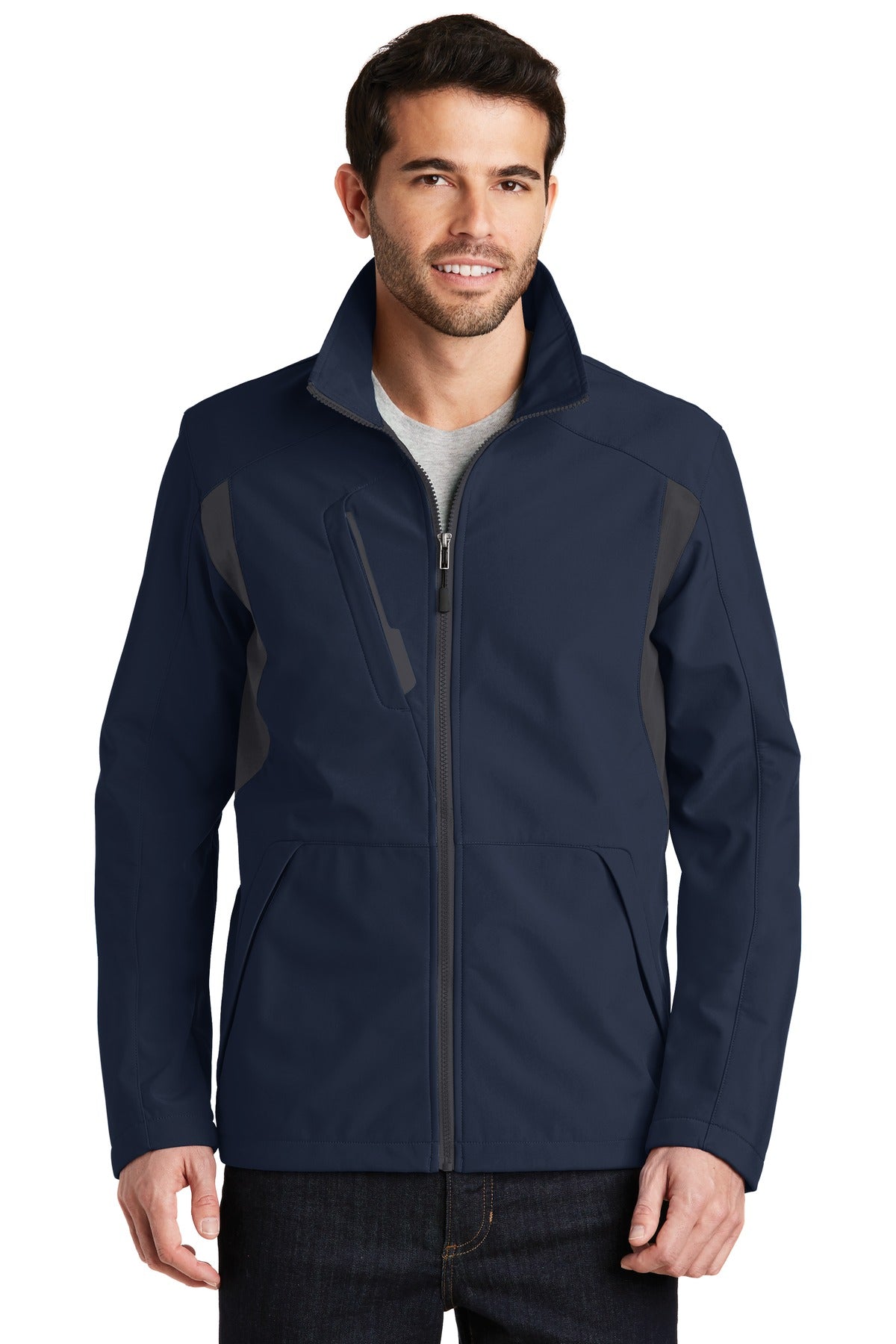 Custom logo Port Authority® Back-Block Soft Shell Jacket. J336 in Dress Blue Navy/ Battleship Grey