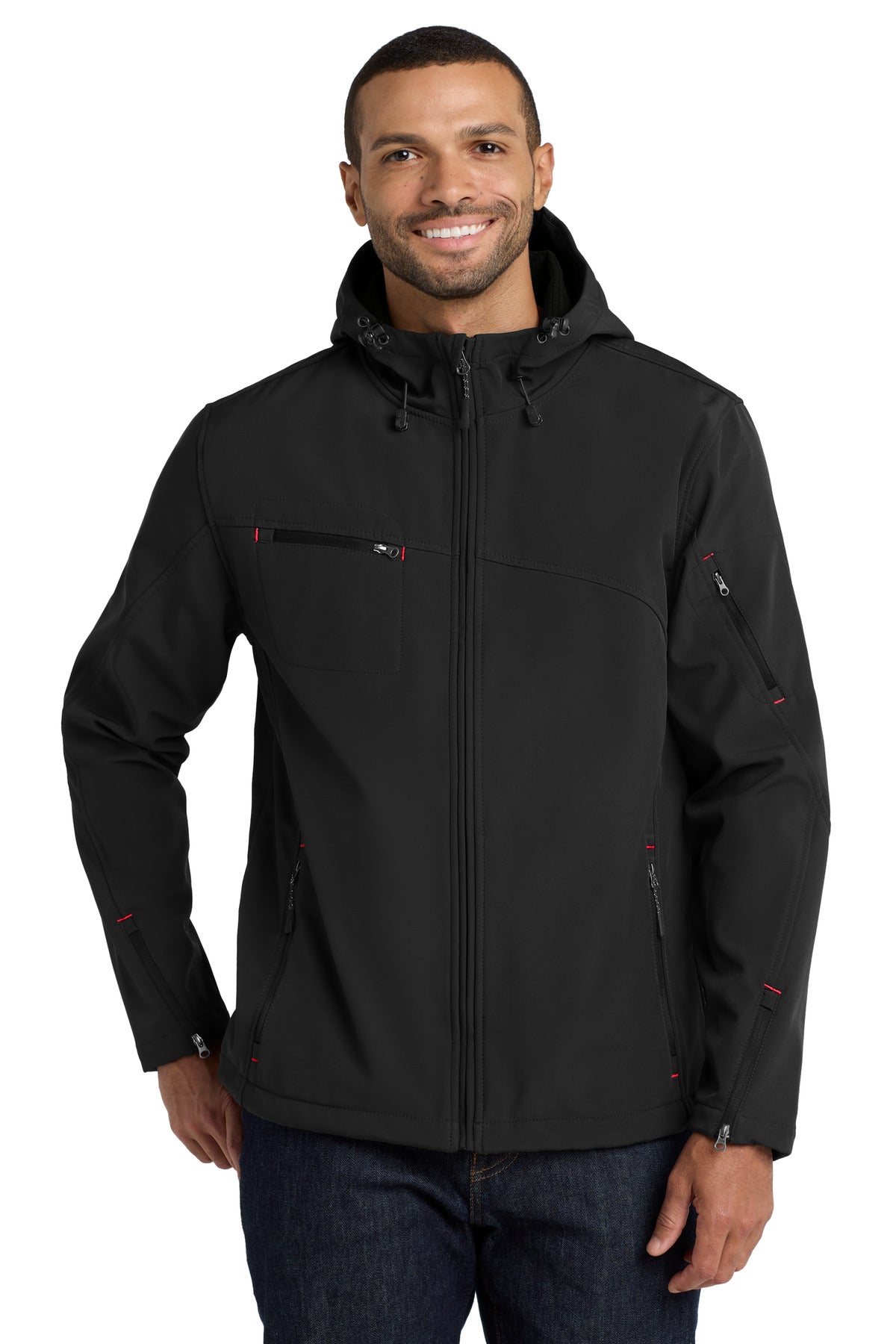 Custom logo Port Authority® Textured Hooded Soft Shell Jacket. J706 in Black