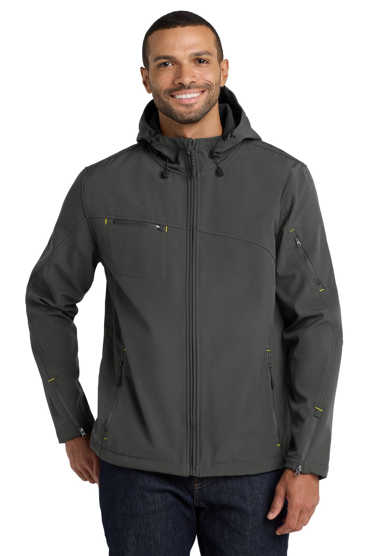 Custom logo Port Authority® Textured Hooded Soft Shell Jacket. J706 in Charcoal