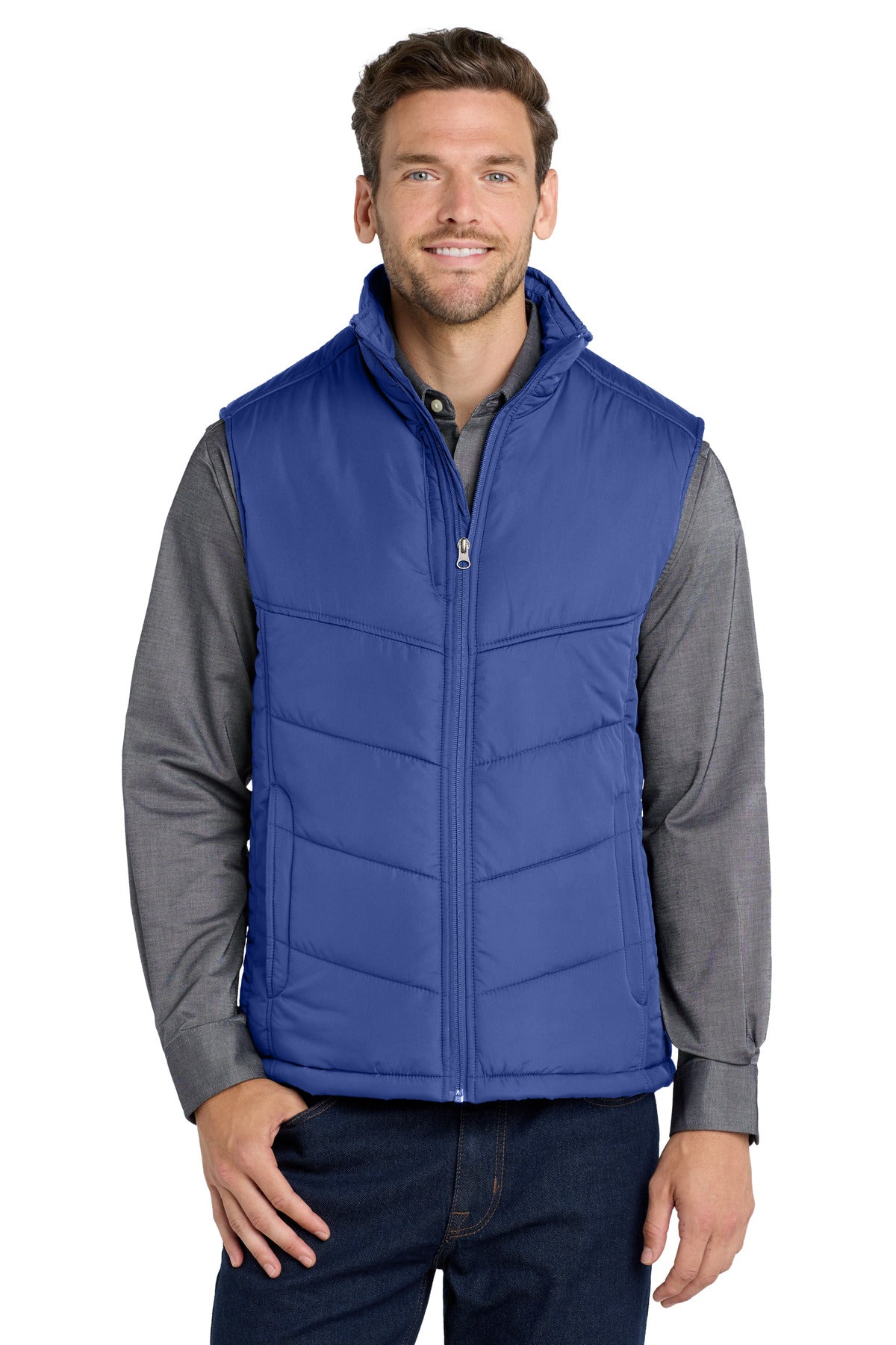 Custom logo Port Authority® Puffy Vest. J709 in Mediterranean Blue