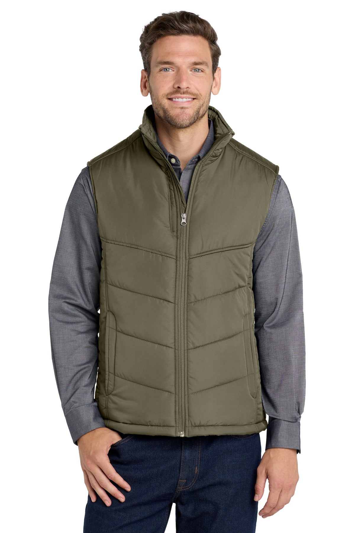 Custom logo Port Authority® Puffy Vest. J709 in Olive