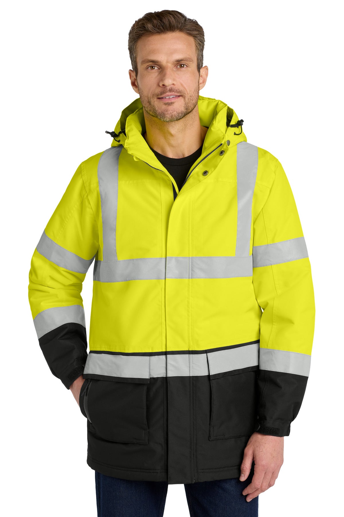 Custom logo Port Authority® ANSI 107 Class 3 Safety Heavyweight Parka. J799S in Safety Yellow/ Black