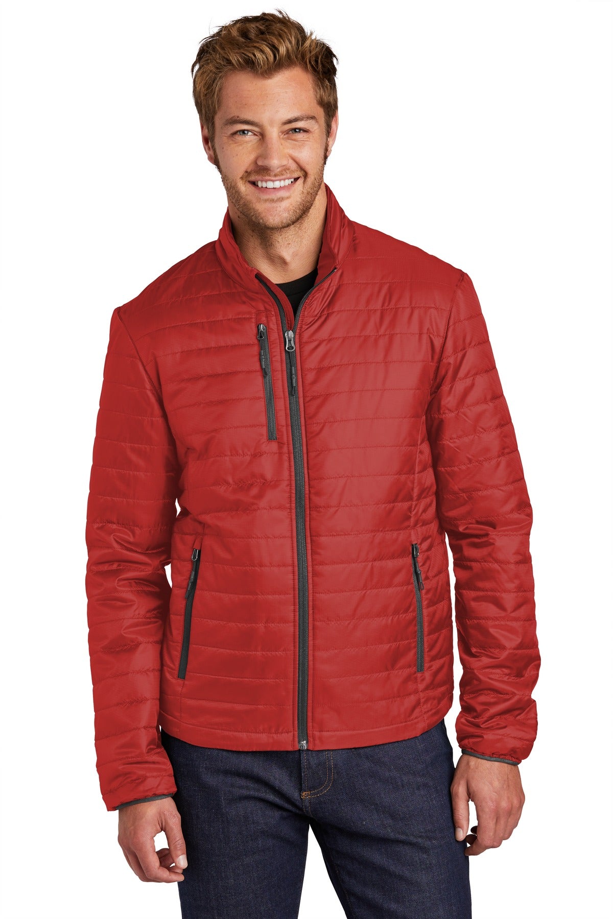 Custom logo Port Authority ® Packable Puffy Jacket J850 in Fire Red/ Graphite