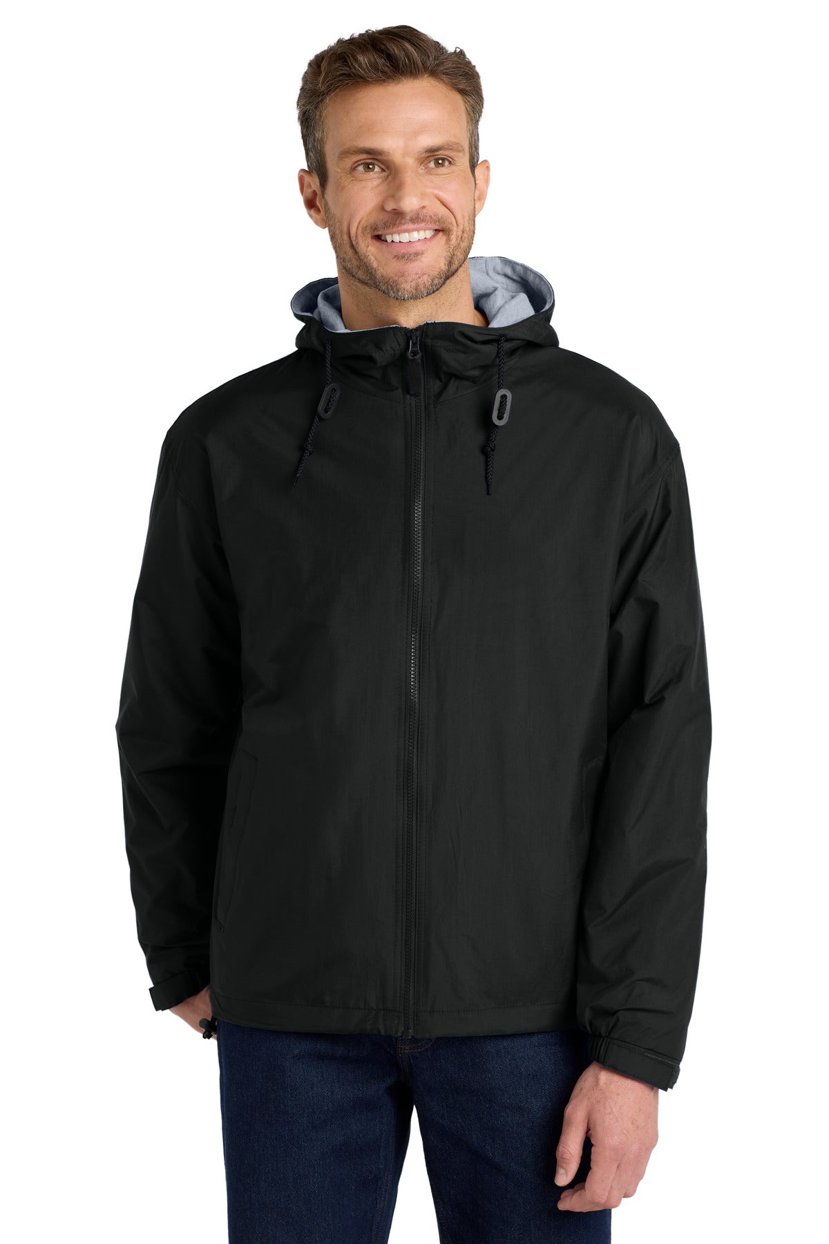 Custom logo Port Authority® Team Jacket.  JP56 in Black/ Light Oxford