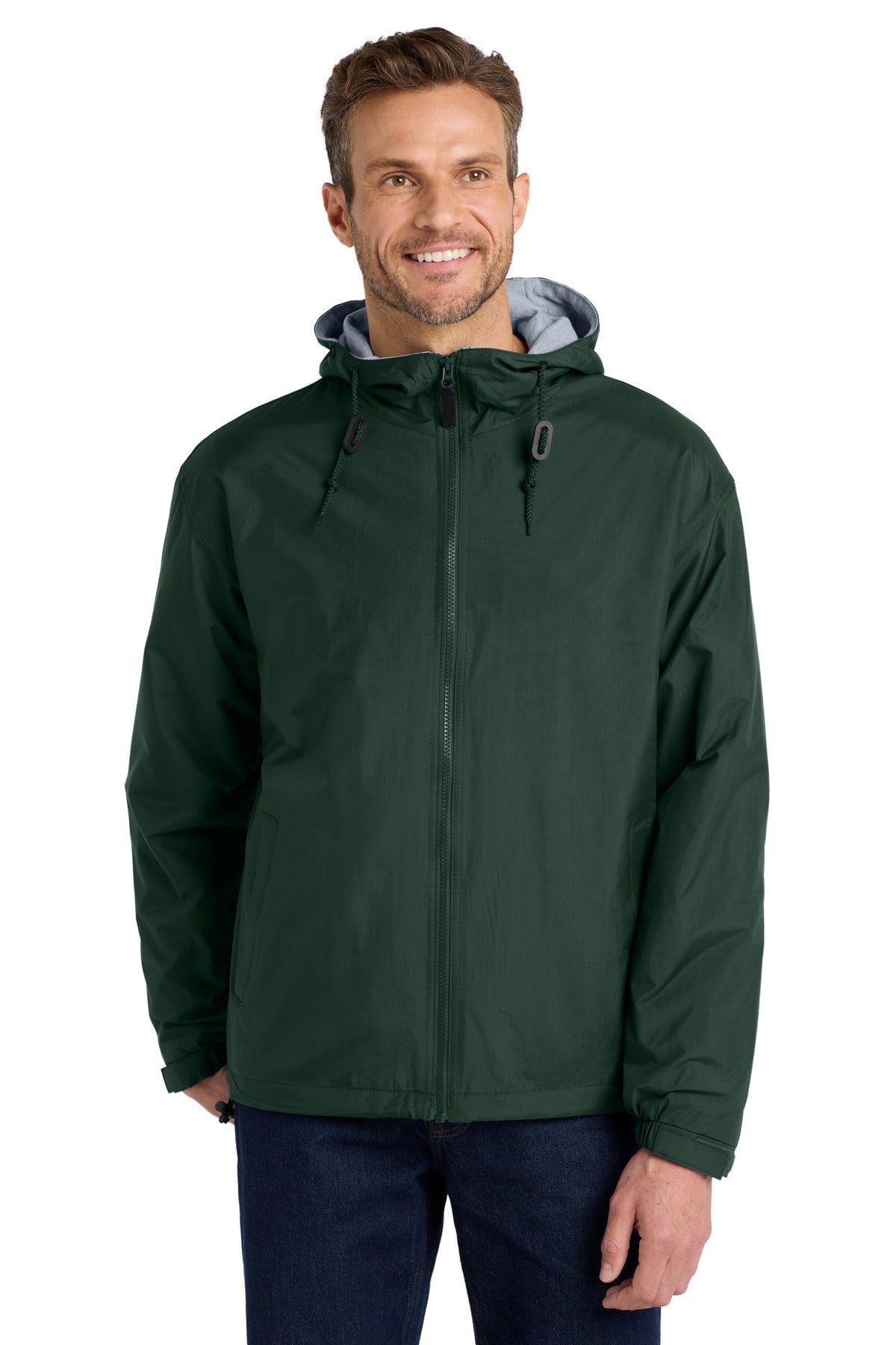 Custom logo Port Authority® Team Jacket.  JP56 in Hunter/ Light Oxford
