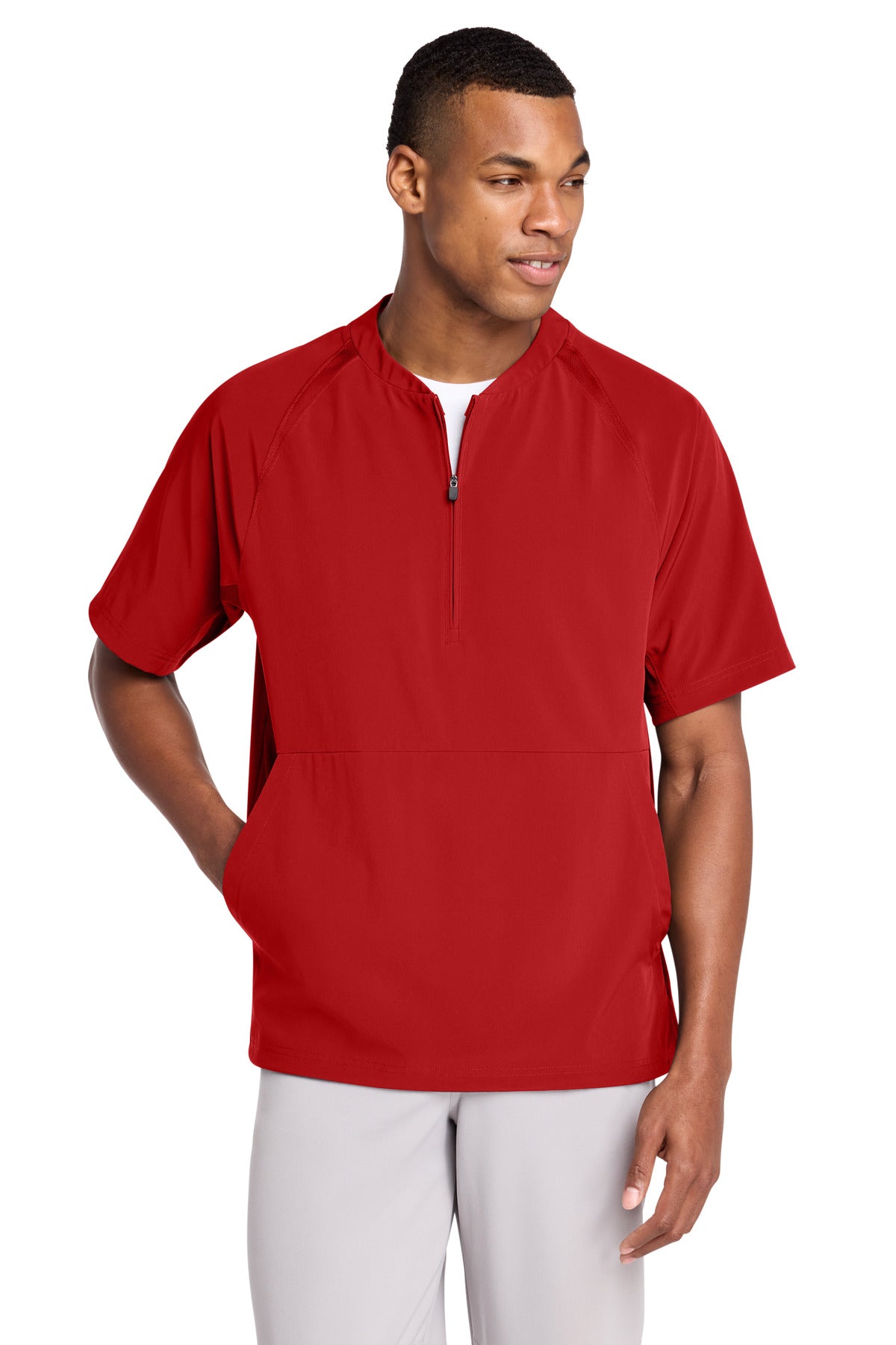 Custom logo Sport-Tek® Repeat 1/2-Zip Short Sleeve Jacket JST489 in Deep Red