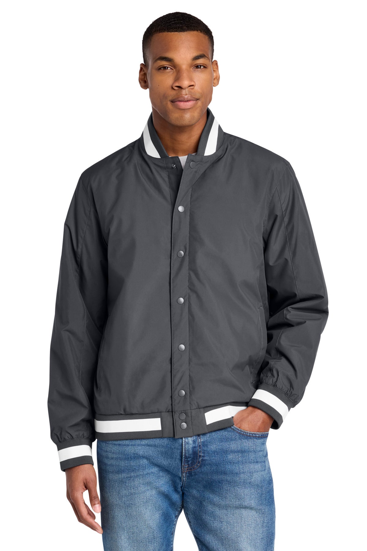 Custom logo Sport-Tek® Insulated Varsity Jacket JST58 in Graphite