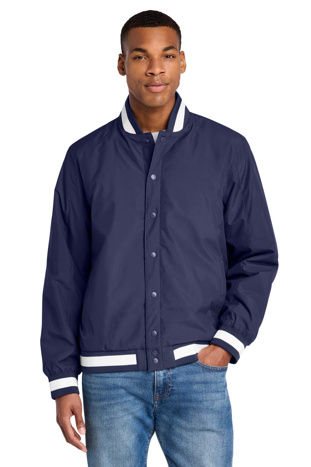 Custom logo Sport-Tek® Insulated Varsity Jacket JST58 in True Navy