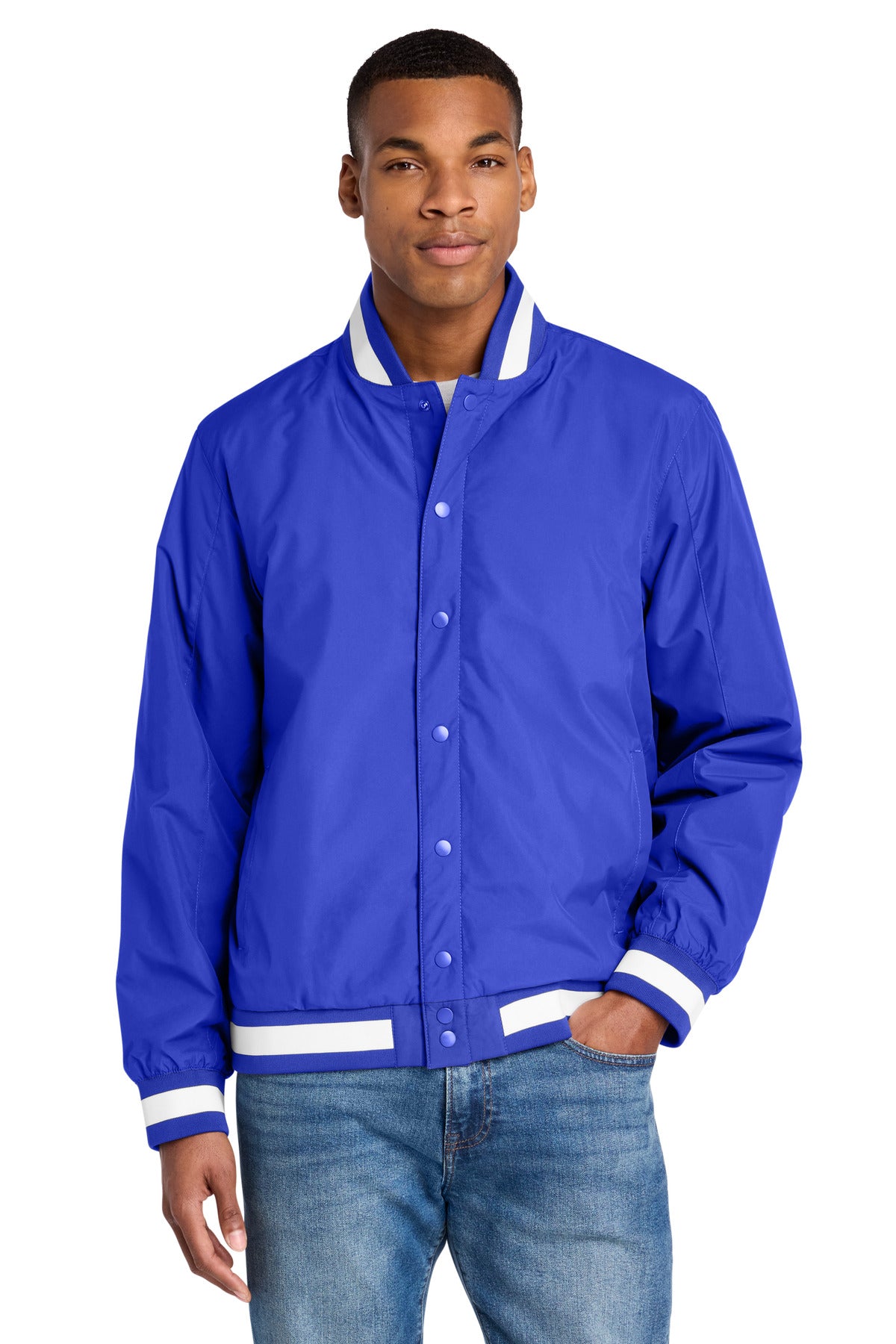 Custom logo Sport-Tek® Insulated Varsity Jacket JST58 in True Royal