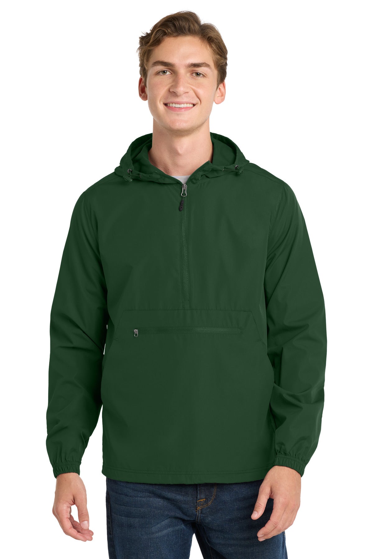 Custom logo Sport-Tek ® Packable Anorak. JST66 in Forest Green