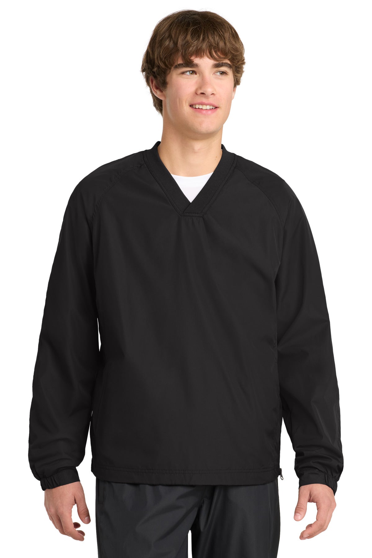 Custom logo Sport-Tek® V-Neck Raglan Wind Shirt. JST72 in Black