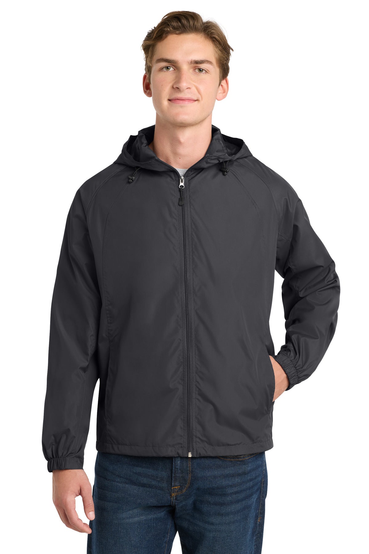 Custom logo Sport-Tek® Hooded Raglan Jacket. JST73 in Graphite