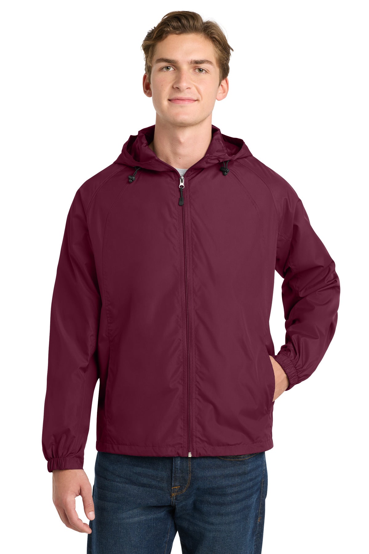 Custom logo Sport-Tek® Hooded Raglan Jacket. JST73 in Maroon