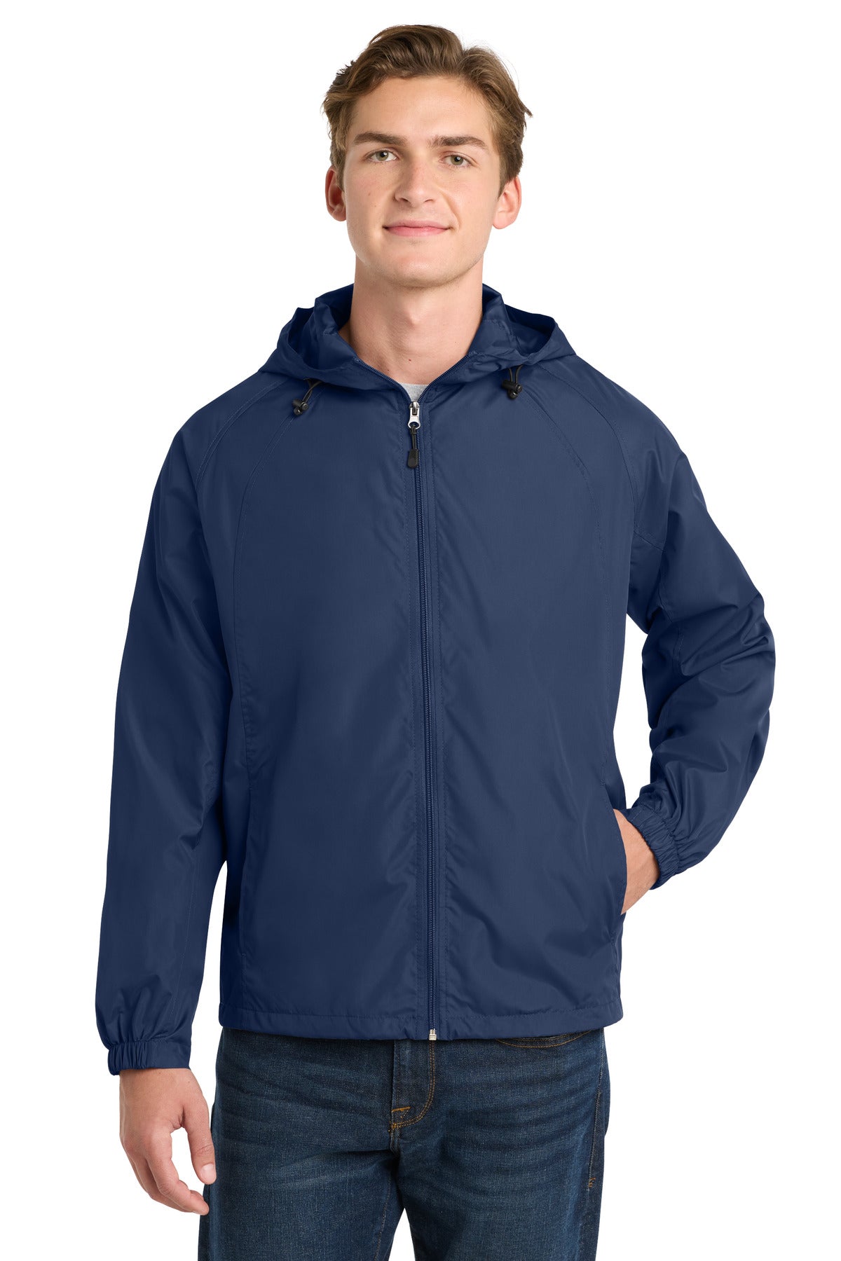 Custom logo Sport-Tek® Hooded Raglan Jacket. JST73 in True Navy