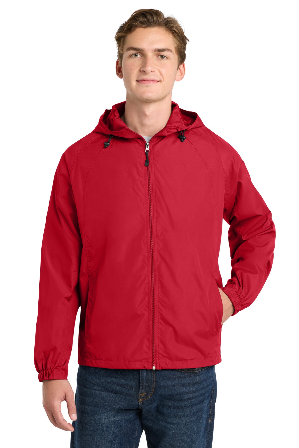 Custom logo Sport-Tek® Hooded Raglan Jacket. JST73 in True Red