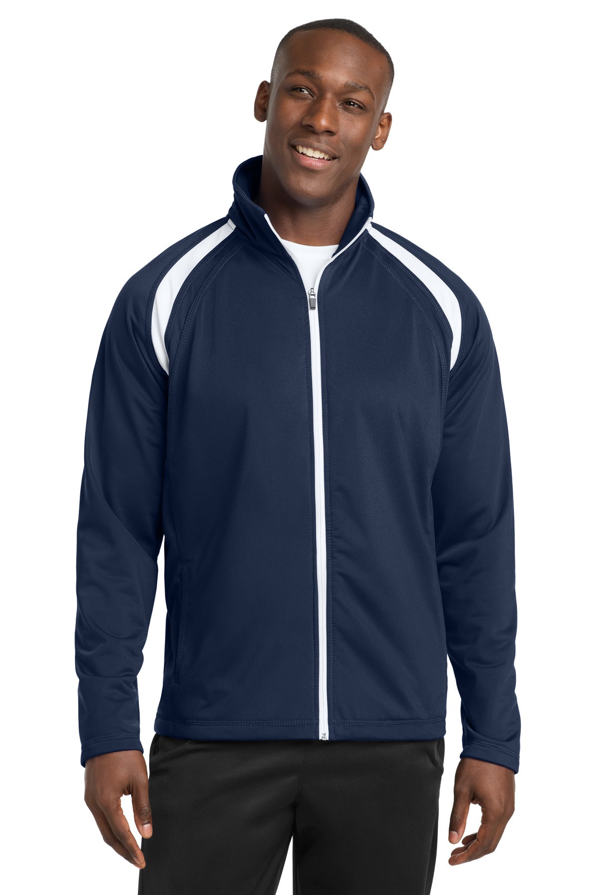 Custom logo Sport-Tek® Tricot Track Jacket. JST90 in True Navy/ White