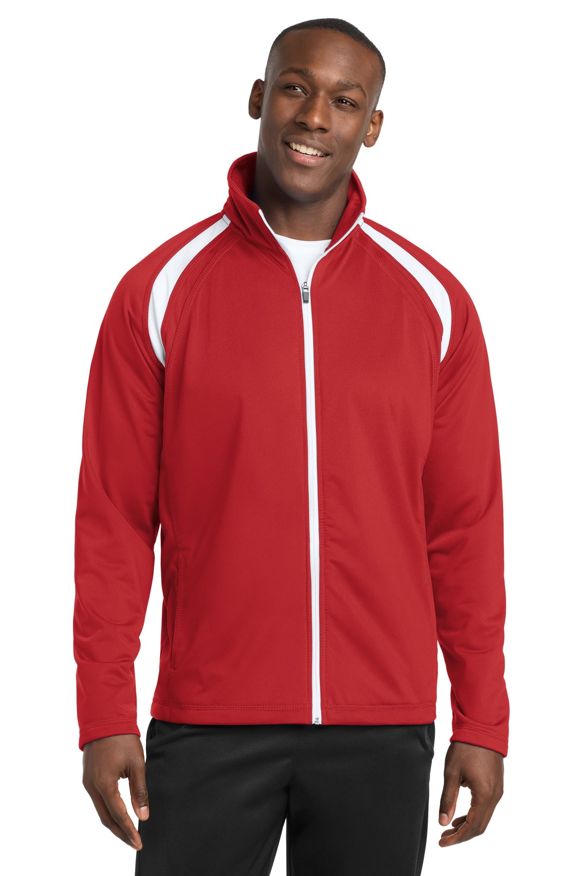 Custom logo Sport-Tek® Tricot Track Jacket. JST90 in True Red/ White