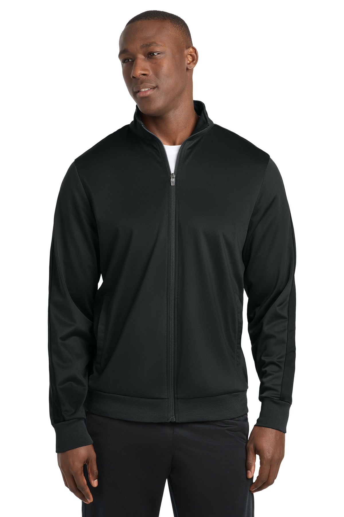 Custom logo Sport-Tek ® Tricot Sleeve Stripe Track Jacket. JST94 in Black/ Black