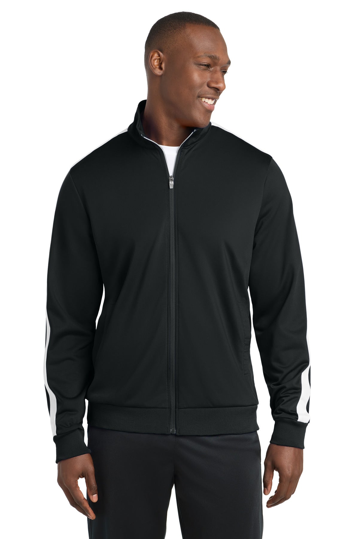 Custom logo Sport-Tek ® Tricot Sleeve Stripe Track Jacket. JST94 in Black/ White