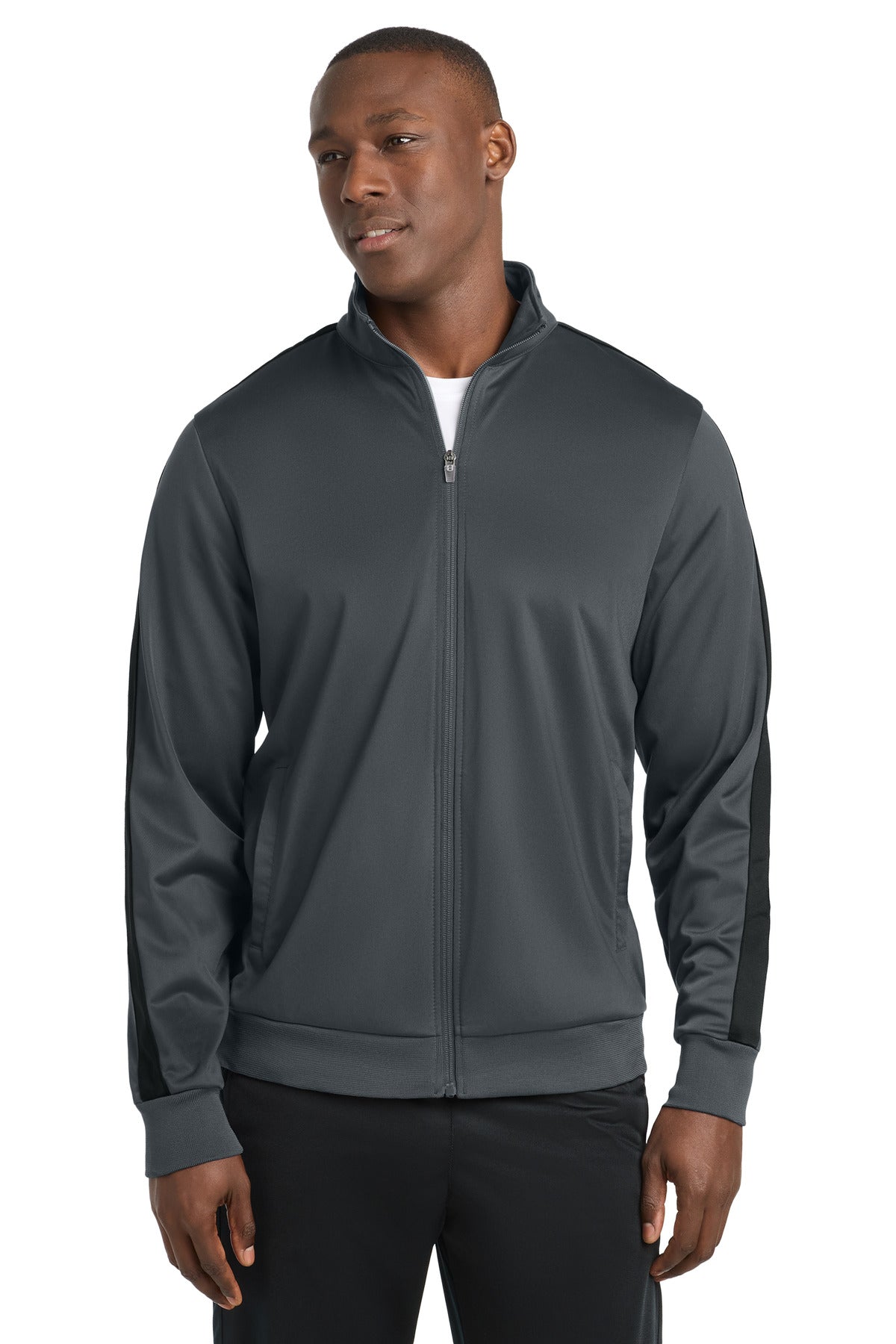 Custom logo Sport-Tek ® Tricot Sleeve Stripe Track Jacket. JST94 in Graphite/ Black