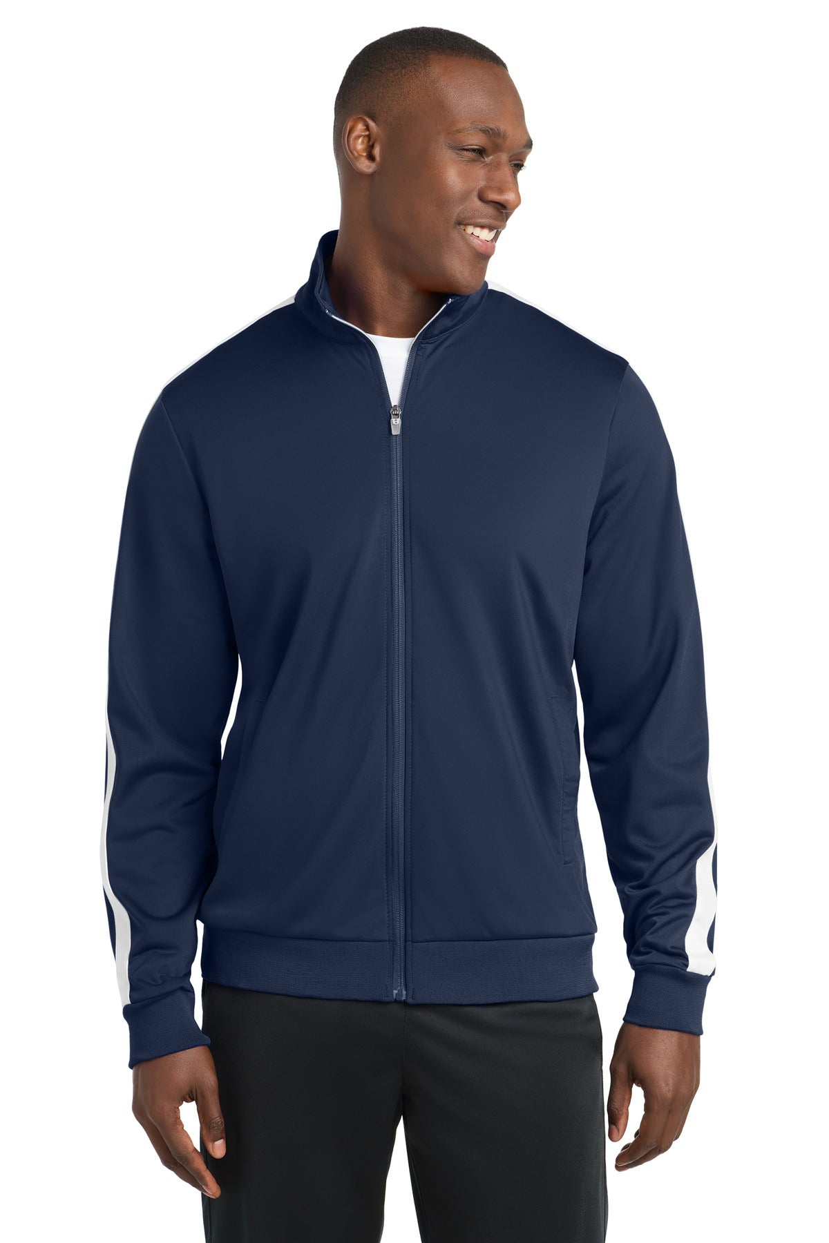 Custom logo Sport-Tek ® Tricot Sleeve Stripe Track Jacket. JST94 in True Navy/ White
