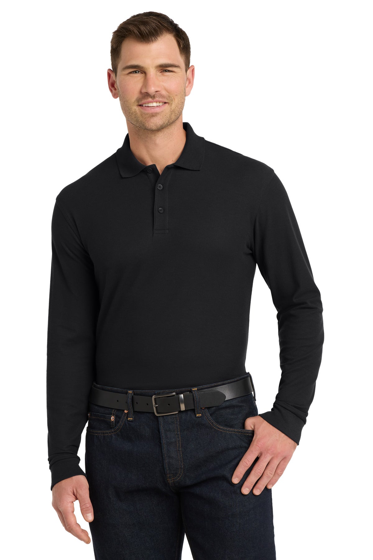 Custom logo Port Authority® Long Sleeve Core Classic Pique Polo. K100LS in Deep Black