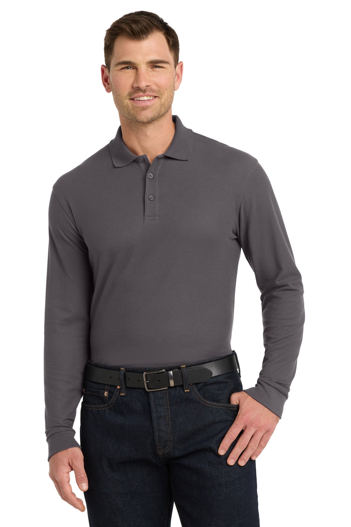 Custom logo Port Authority® Long Sleeve Core Classic Pique Polo. K100LS in Graphite
