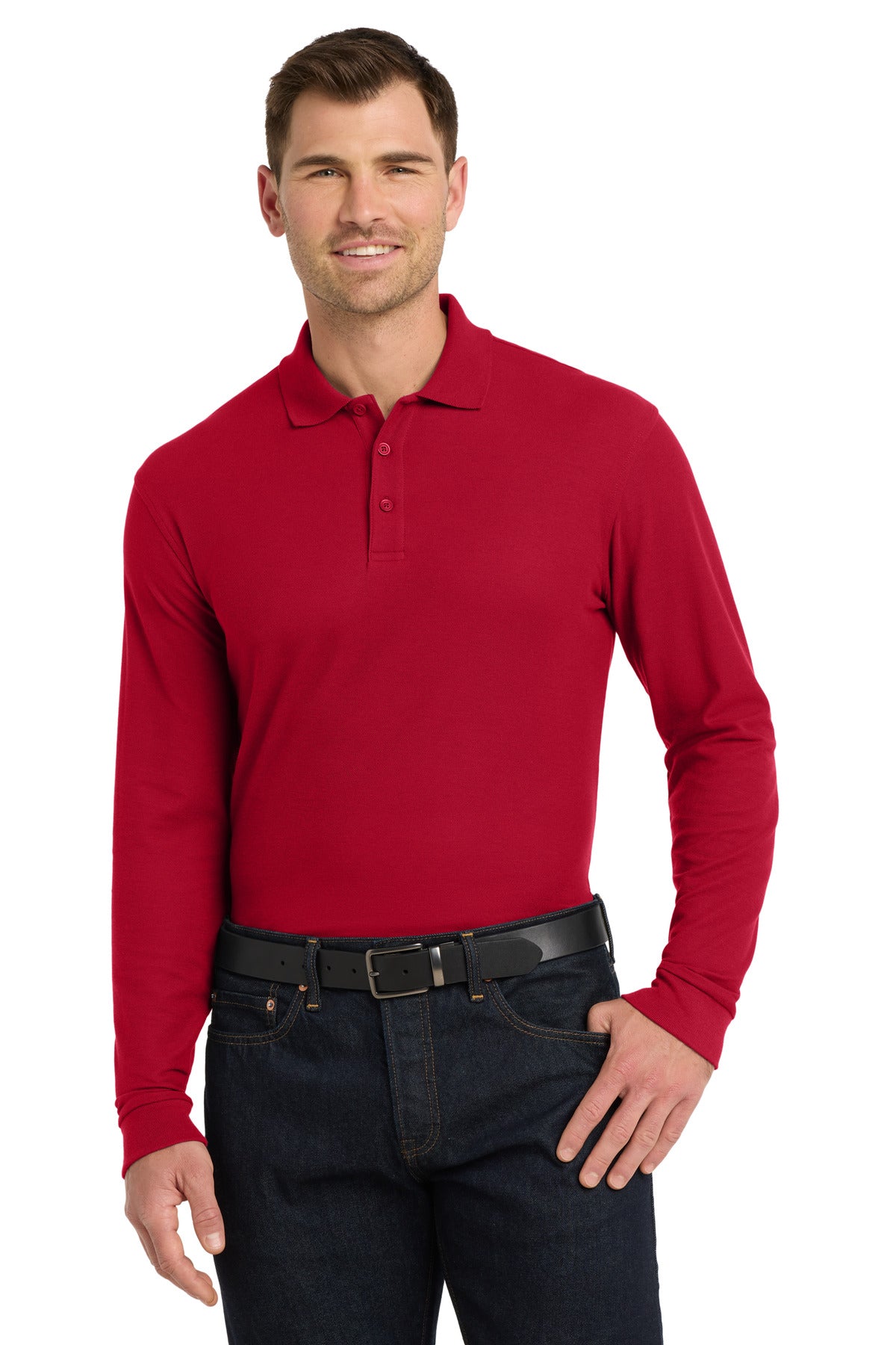 Custom logo Port Authority® Long Sleeve Core Classic Pique Polo. K100LS in Rich Red